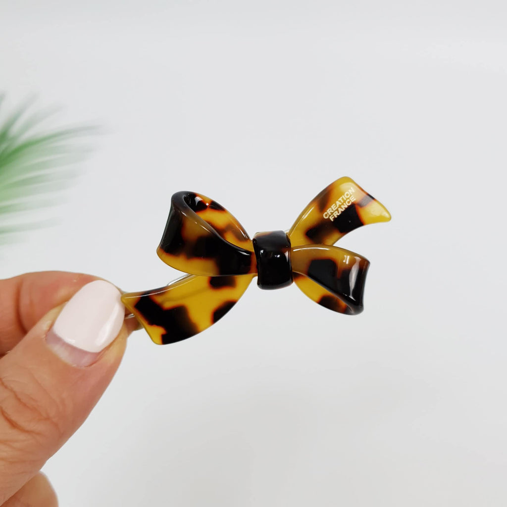 Leopard Marble Mini Double Ribbon Bobby Pin (2.2 Inch) / Tortoise Marble French Hair Pin Clip / Hair Accessory for Woman / Bow Barrette