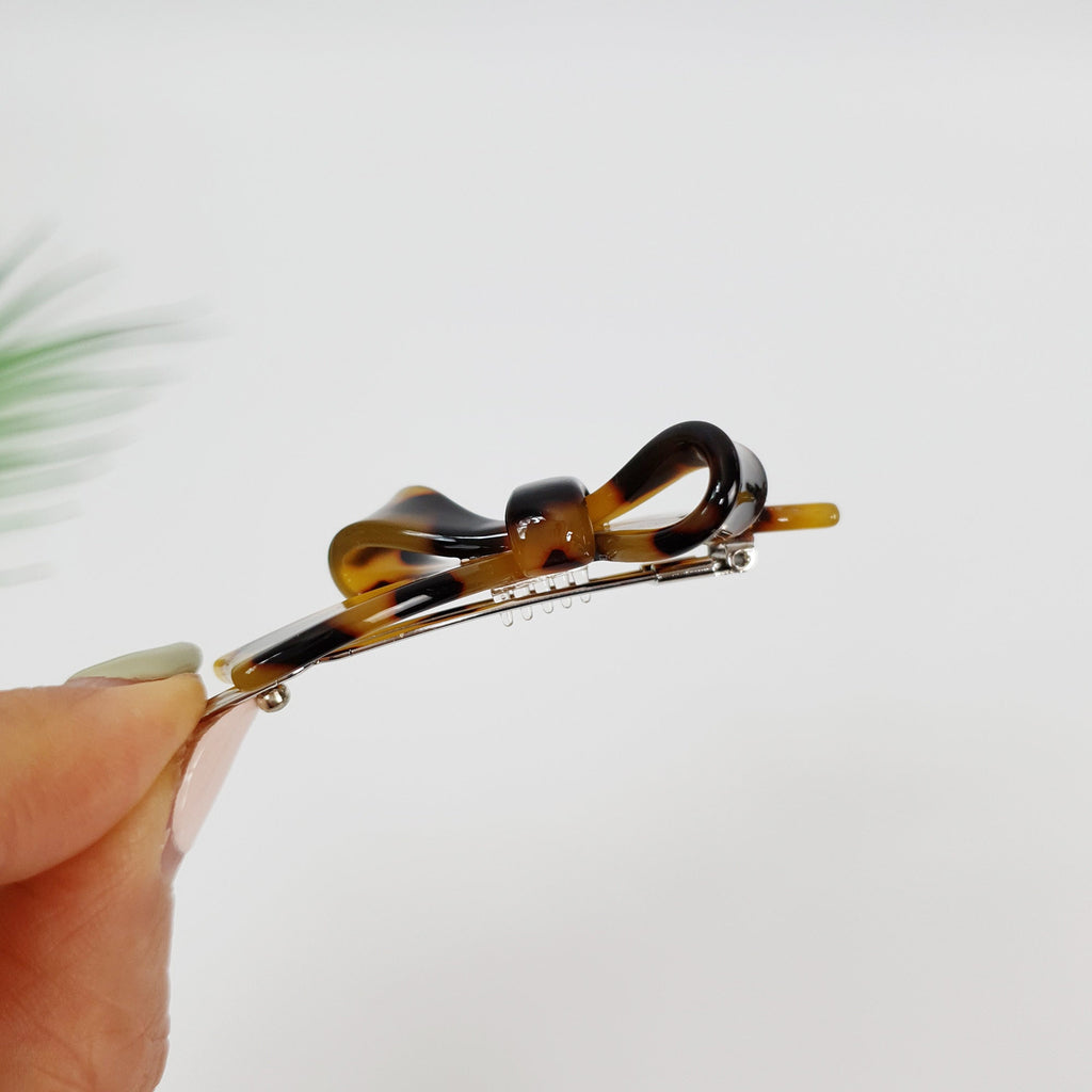 Leopard Marble Mini Double Ribbon Bobby Pin (2.2 Inch) / Tortoise Marble French Hair Pin Clip / Hair Accessory for Woman / Bow Barrette