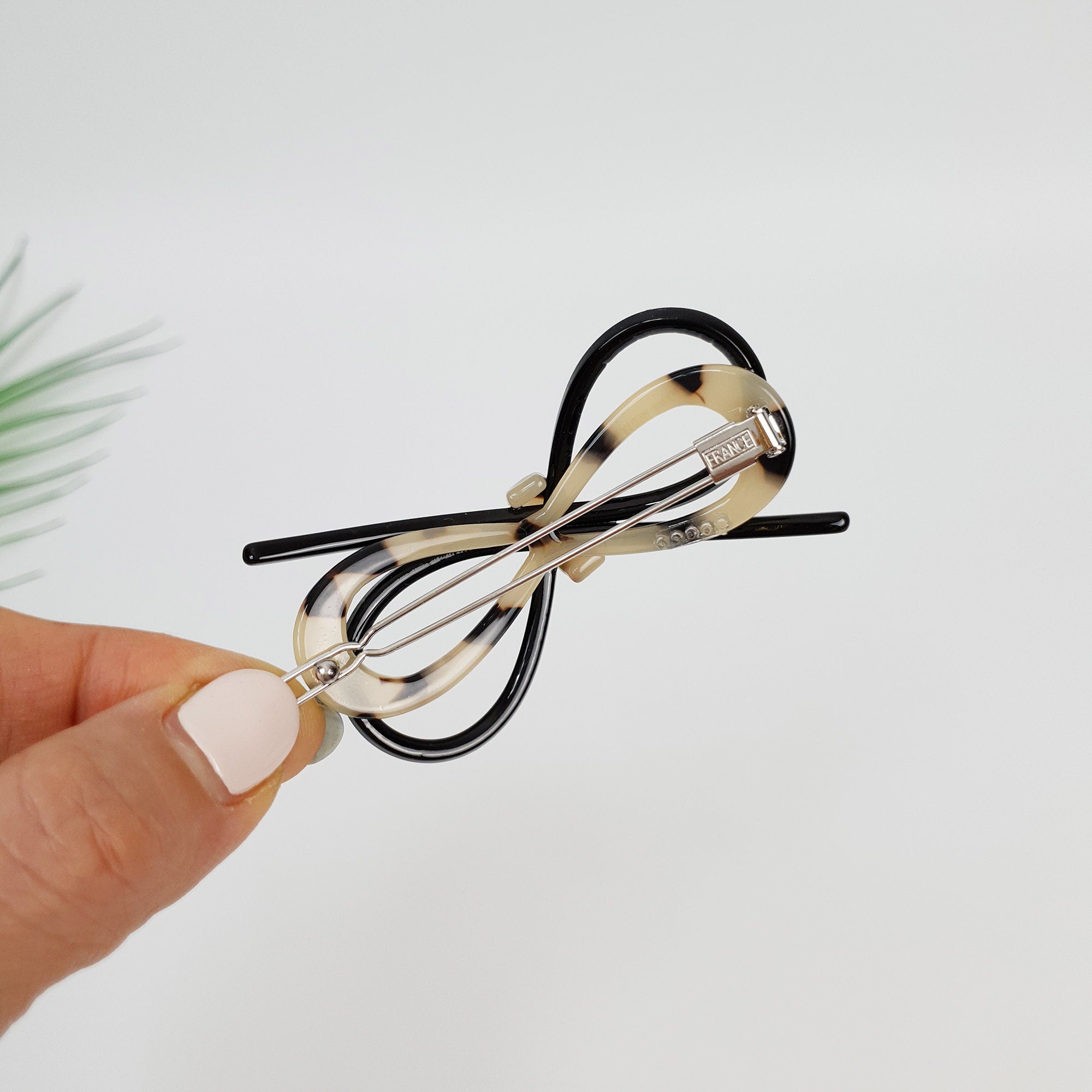 Leopard Marble Twin Ribbon Black Harmony Bobby Pin (2.6 Inch) / Cute French Hair Pin Clip / Hair Accessory for Woman / Bow Barrette