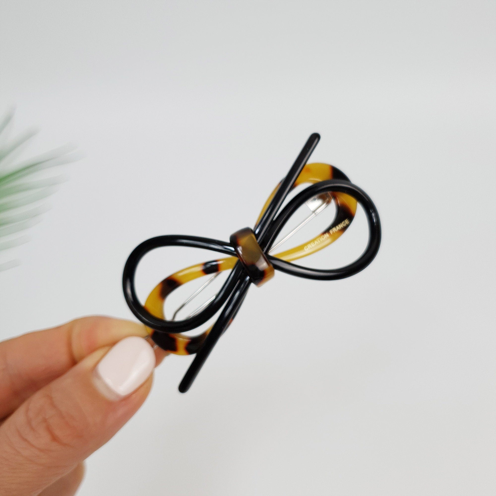 Leopard Marble Twin Ribbon Black Harmony Bobby Pin (2.6 Inch) / Cute French Hair Pin Clip / Hair Accessory for Woman / Bow Barrette