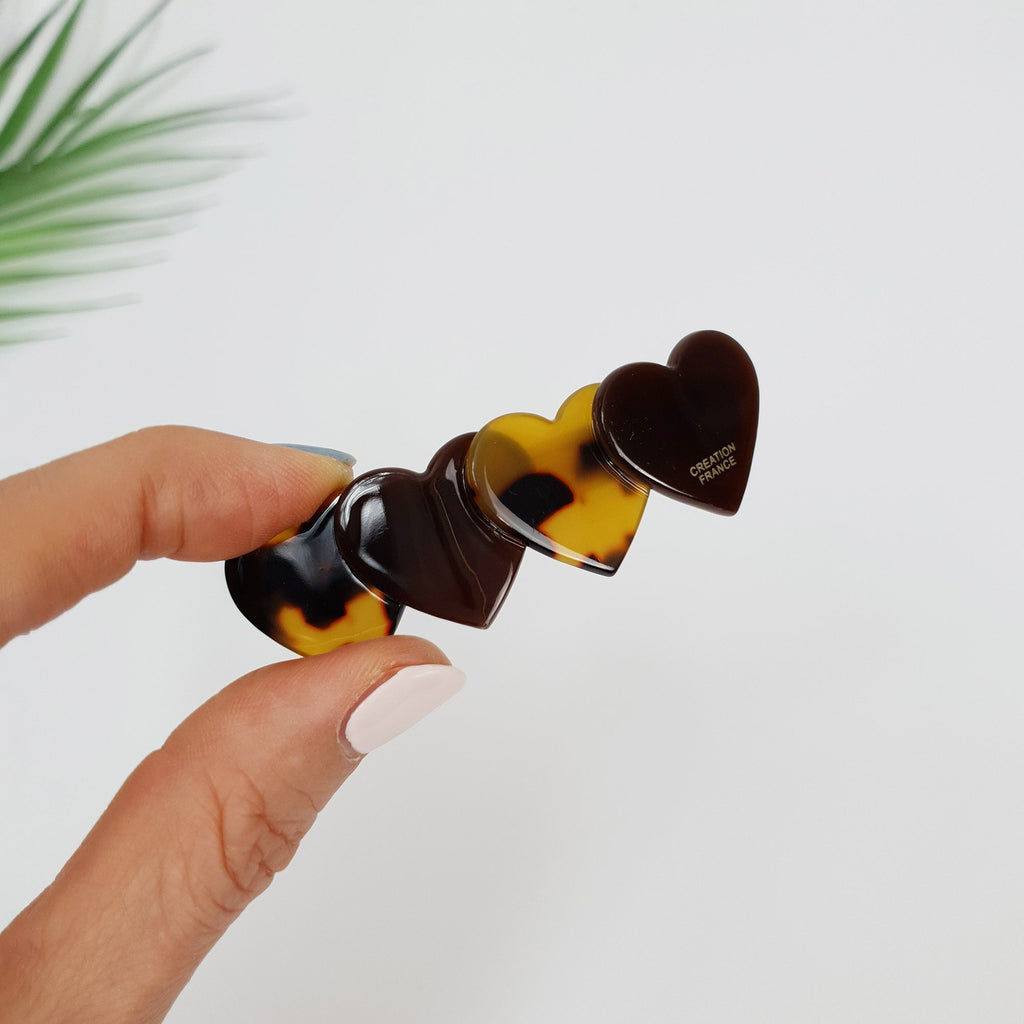 Mix Double Heart Hair Barrette (2.8 Inch) / Tortoise Marble French Hair Pin / Hair Accessory for Woman / Automatic Hair Clip