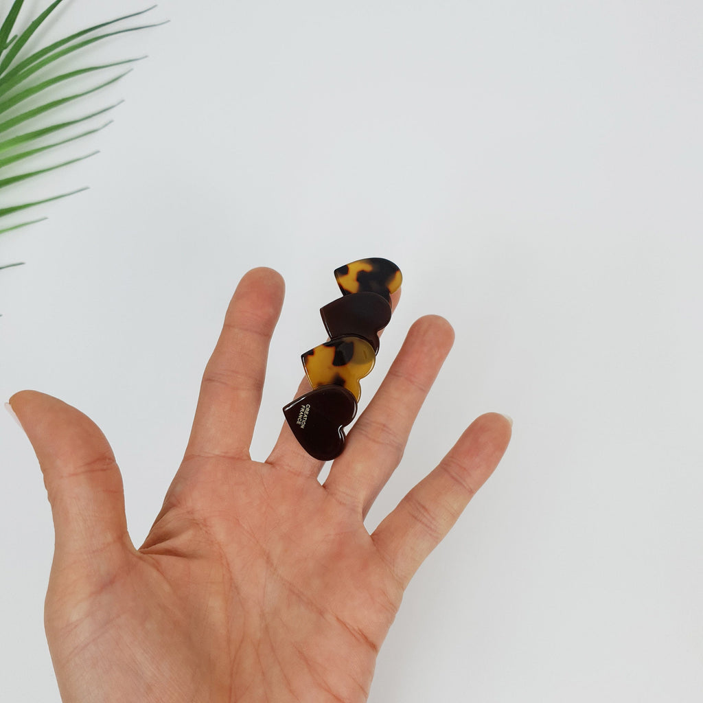 Mix Double Heart Hair Barrette (2.8 Inch) / Tortoise Marble French Hair Pin / Hair Accessory for Woman / Automatic Hair Clip