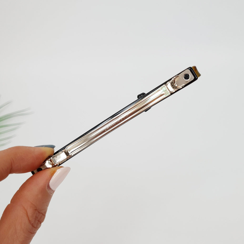 Leopard Art Long Ribbon Hair Barrette (4.3 Inch) / Tortoise Shell French Hair Pin / Hair Accessory for Woman / Automatic Hair Clip