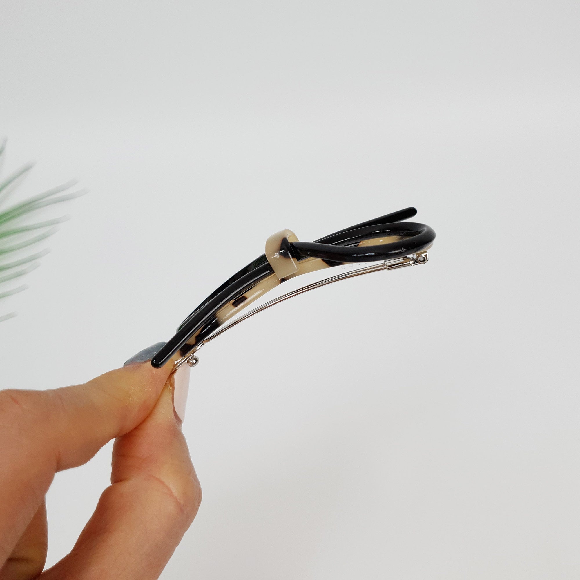 Leopard Marble Twin Ribbon Black Harmony Bobby Pin (2.6 Inch) / Cute French Hair Pin Clip / Hair Accessory for Woman / Bow Barrette