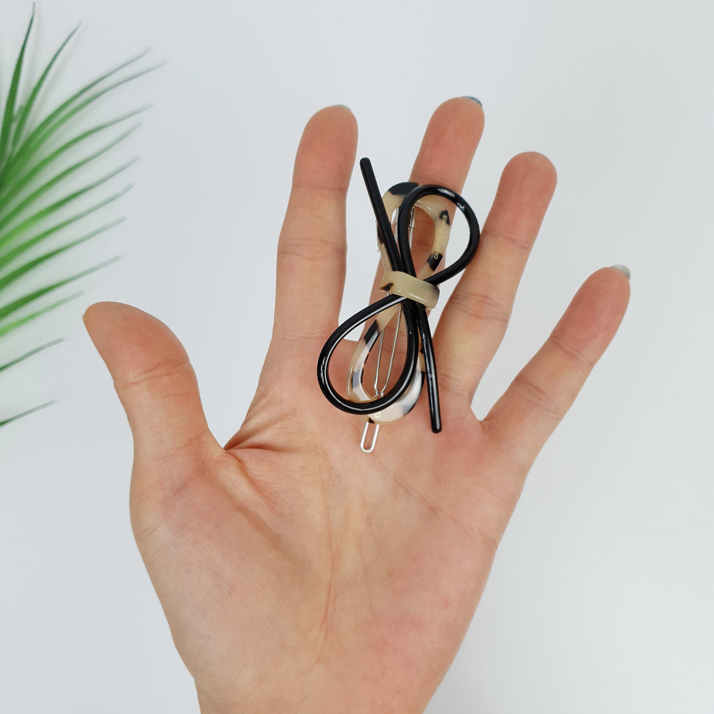 Leopard Marble Twin Ribbon Black Harmony Bobby Pin (2.6 Inch) / Cute French Hair Pin Clip / Hair Accessory for Woman / Bow Barrette