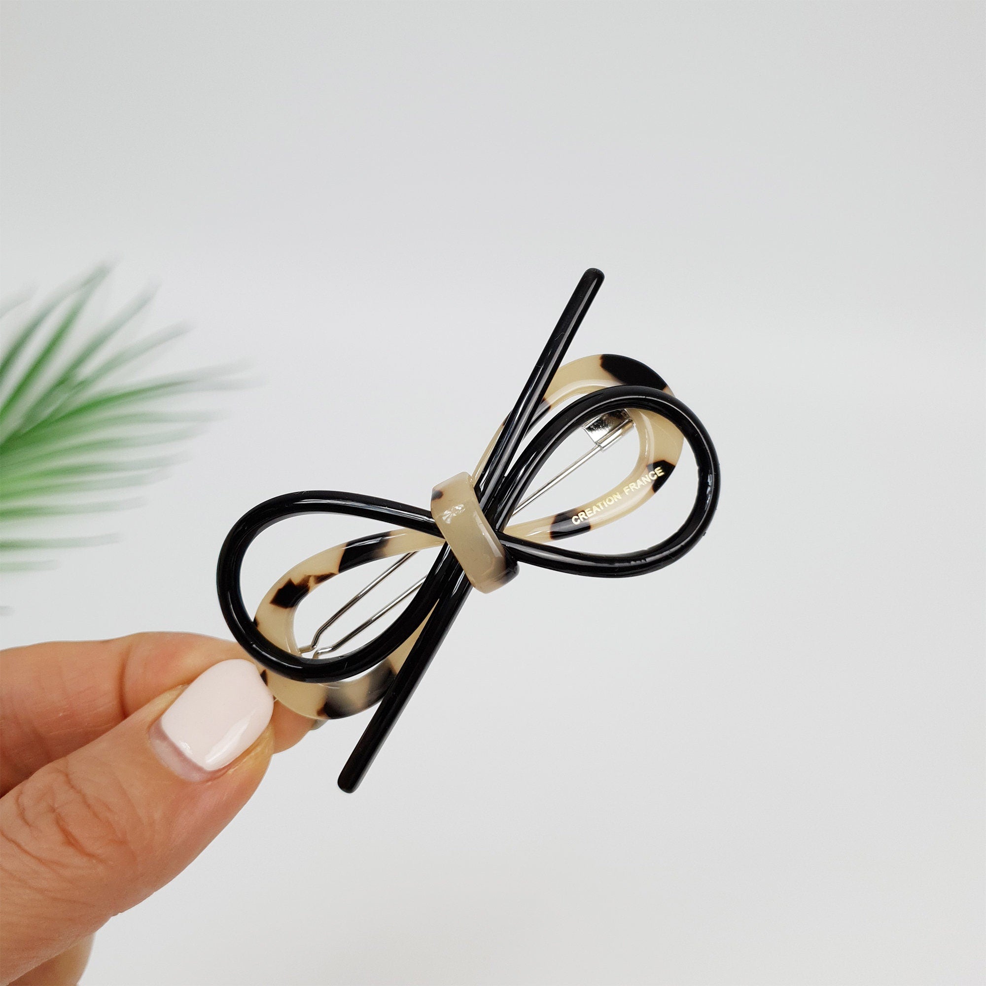 Leopard Marble Twin Ribbon Black Harmony Bobby Pin (2.6 Inch) / Cute French Hair Pin Clip / Hair Accessory for Woman / Bow Barrette