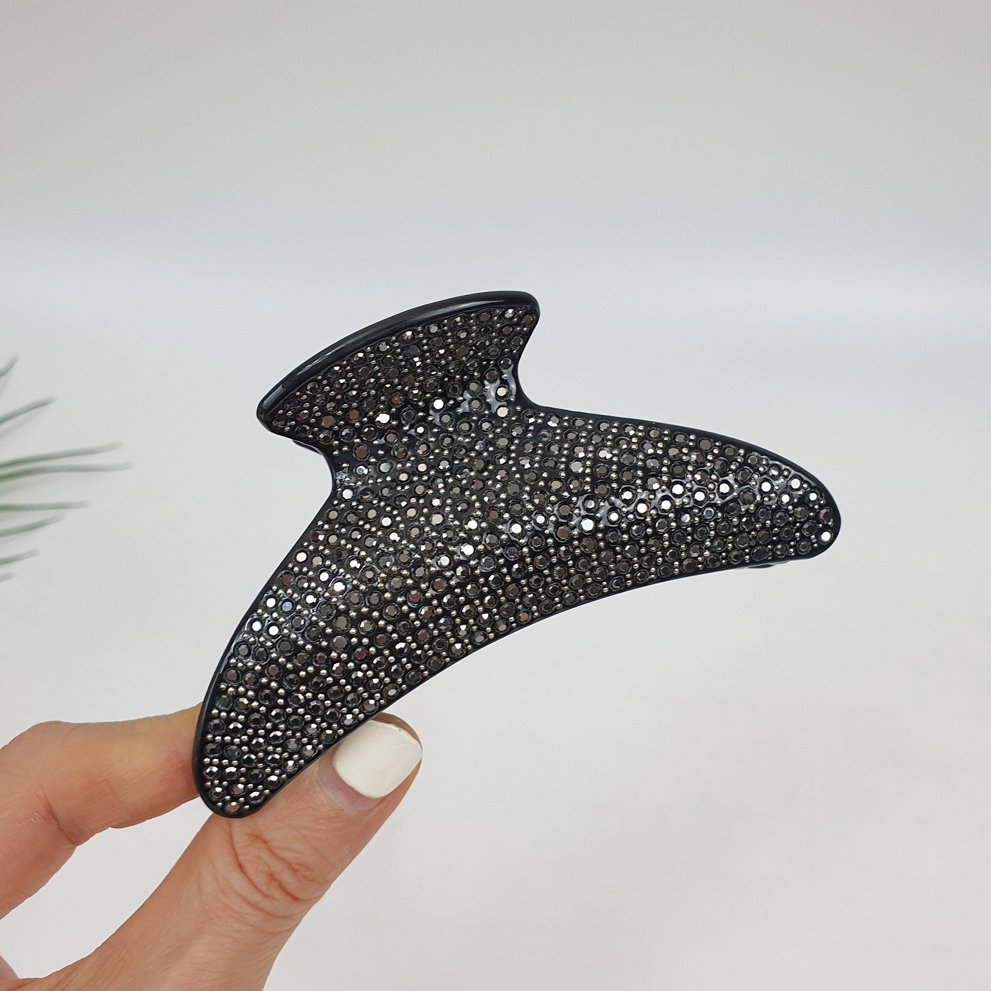 Black Half Moon Cubic Stone Big Hair Clip (4.0 Inch) / Luxurious Double Clip French Hair Pin / Hair Barrette for Woman