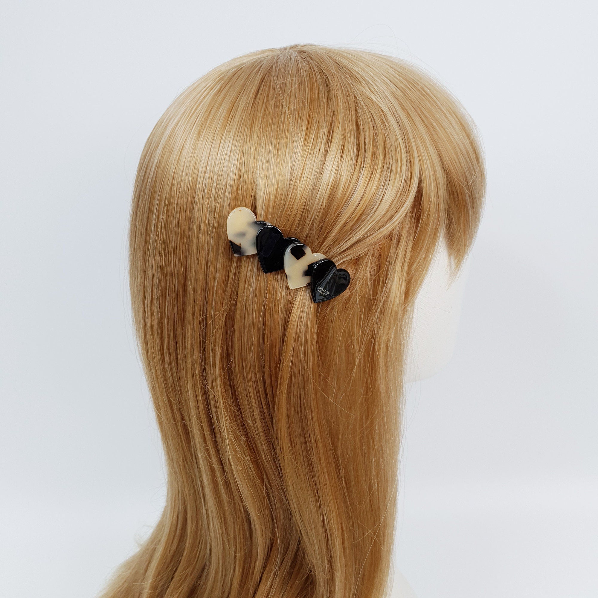 Mix Double Heart Hair Barrette (2.8 Inch) / Tortoise Marble French Hair Pin / Hair Accessory for Woman / Automatic Hair Clip