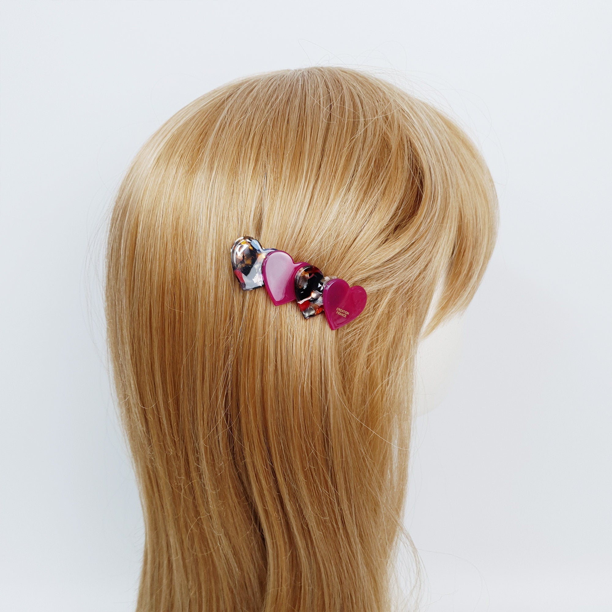 Mix Double Heart Hair Barrette (2.8 Inch) / Tortoise Marble French Hair Pin / Hair Accessory for Woman / Automatic Hair Clip