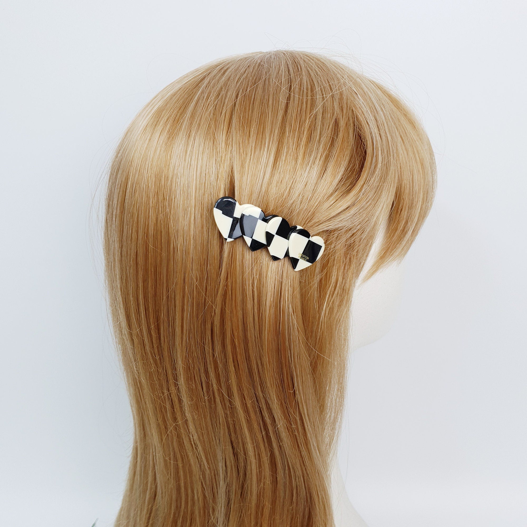 Mix Double Heart Hair Barrette (2.8 Inch) / Tortoise Marble French Hair Pin / Hair Accessory for Woman / Automatic Hair Clip