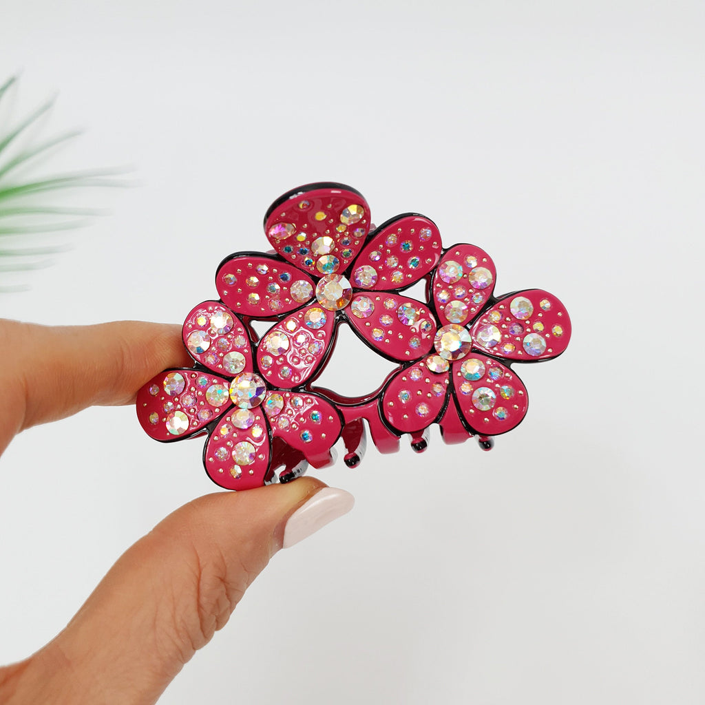 Pastel Color Sparkling Triple Blossom Hair Claw Clip / Luxurious French Hair Pin / Hair Accessory for Woman / Flower Hair Clip