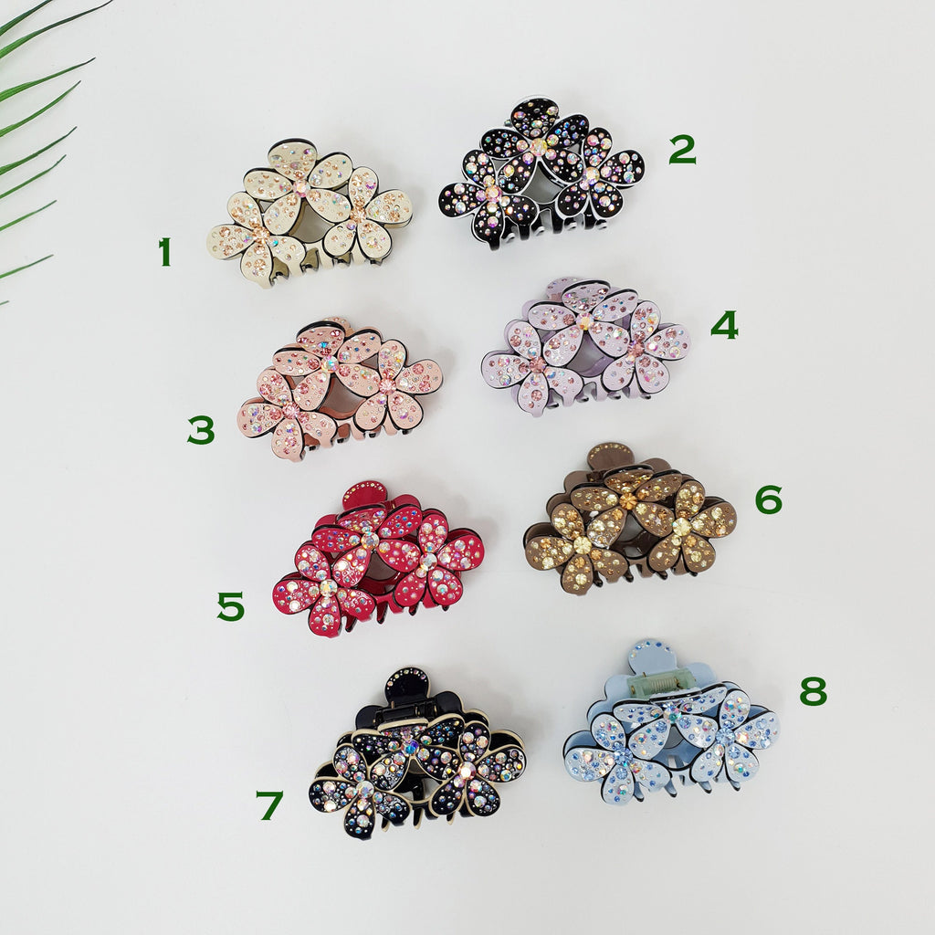 Pastel Color Sparkling Triple Blossom Hair Claw Clip / Luxurious French Hair Pin / Hair Accessory for Woman / Flower Hair Clip