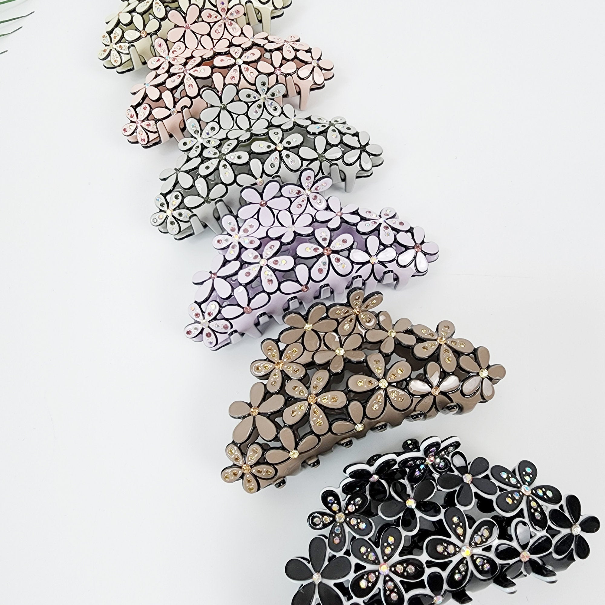 Pastel floral hair claw clip with rhinestone details. Medium 3.9 inch flower jaw clamp for thick hair updos. Elegant bridal and wedding hair accessory.