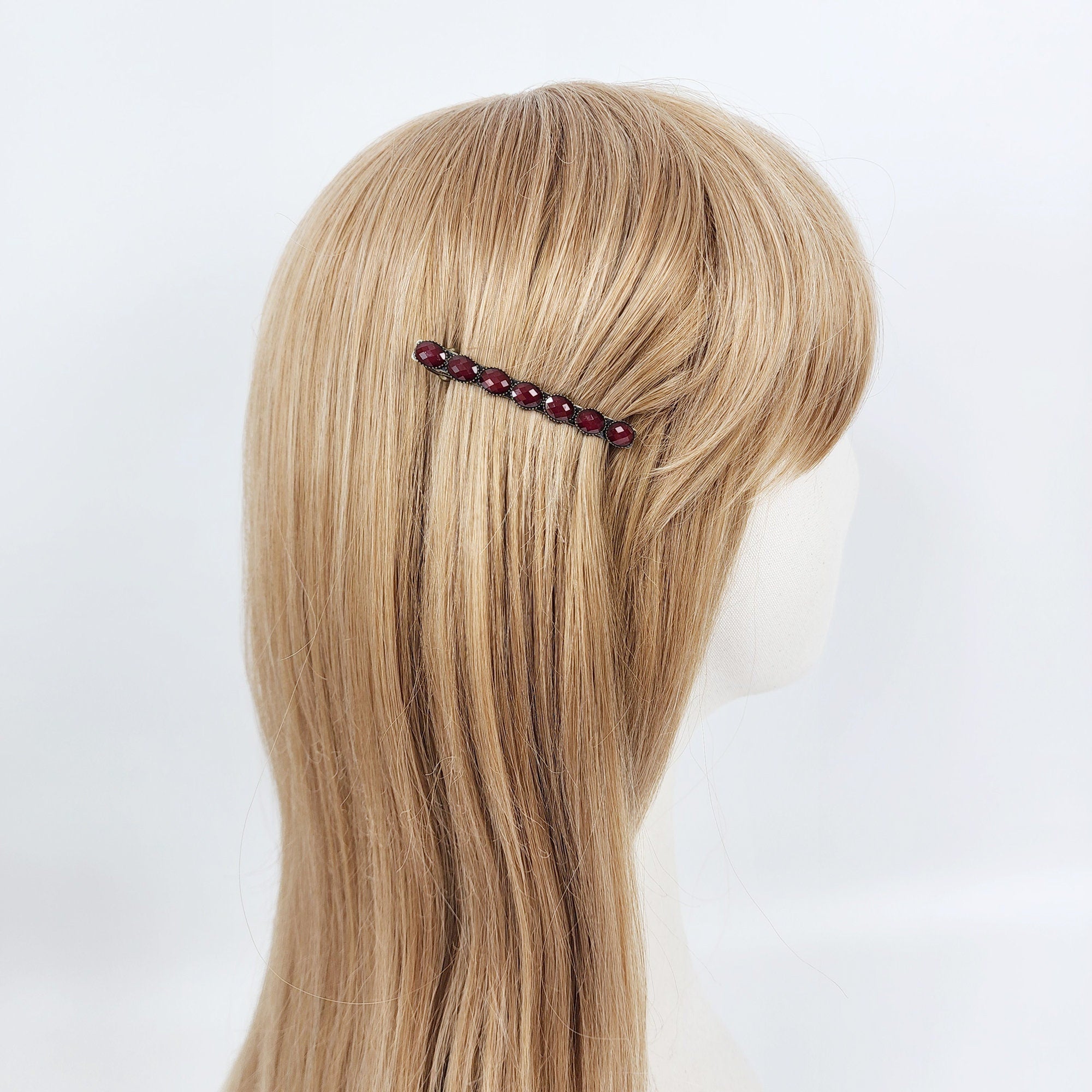 Oval Formica Hair Barrette (2.4 Inch) / Diamond Cut Formica Stone Decorated Barrette / Vintage Antique Hair Accessory / Automatic Hair Pin