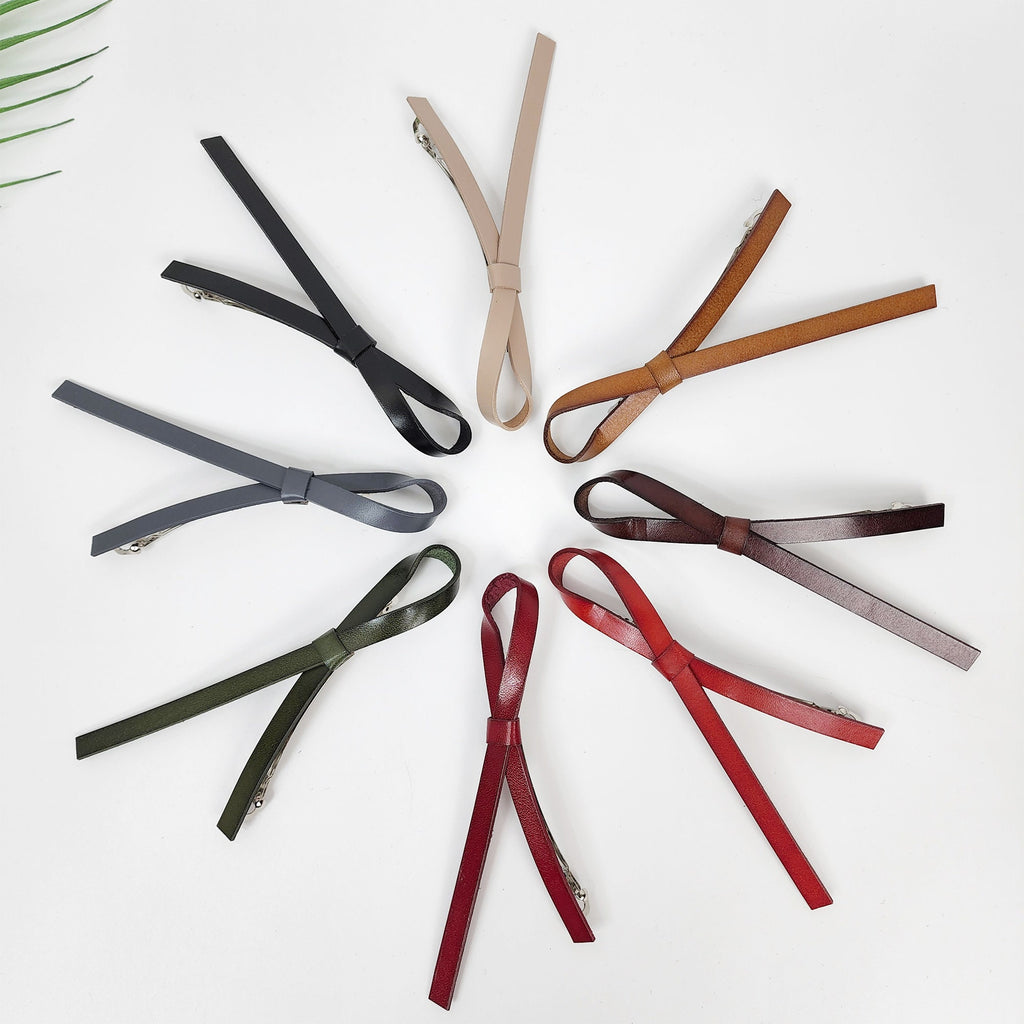 Real Leather Thin Long Ribbon Hair Barrette / Simple Ribbon Hair Pin / Hair Accessory for Woman / Automatic Hair Clip