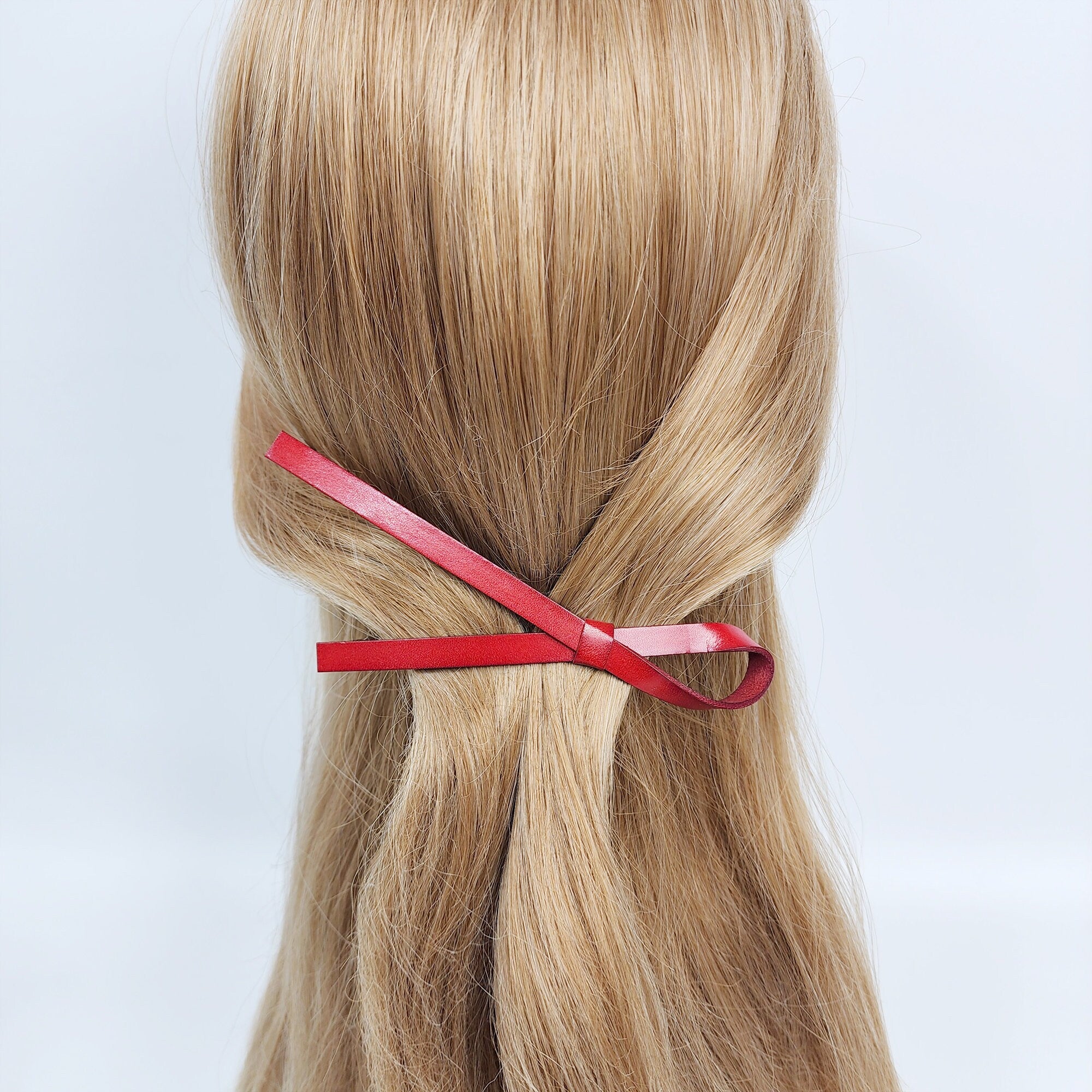 Real Leather Thin Long Ribbon Hair Barrette / Simple Ribbon Hair Pin / Hair Accessory for Woman / Automatic Hair Clip