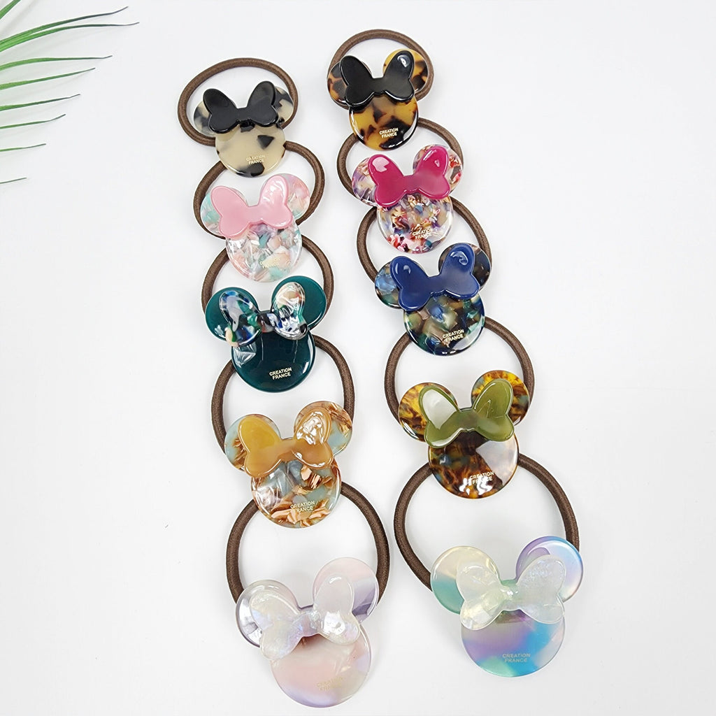 Glossy cellulose acetate mouse hair tie with bow in tortoise shell and pastel colors. 1.7 inch cute cartoon animal ponytail holder for girls and women. Preppy Korean fashion accessory birthday gift.