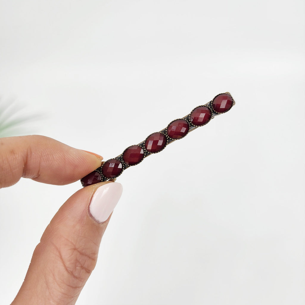 Oval Formica Hair Barrette (2.4 Inch) / Diamond Cut Formica Stone Decorated Barrette / Vintage Antique Hair Accessory / Automatic Hair Pin