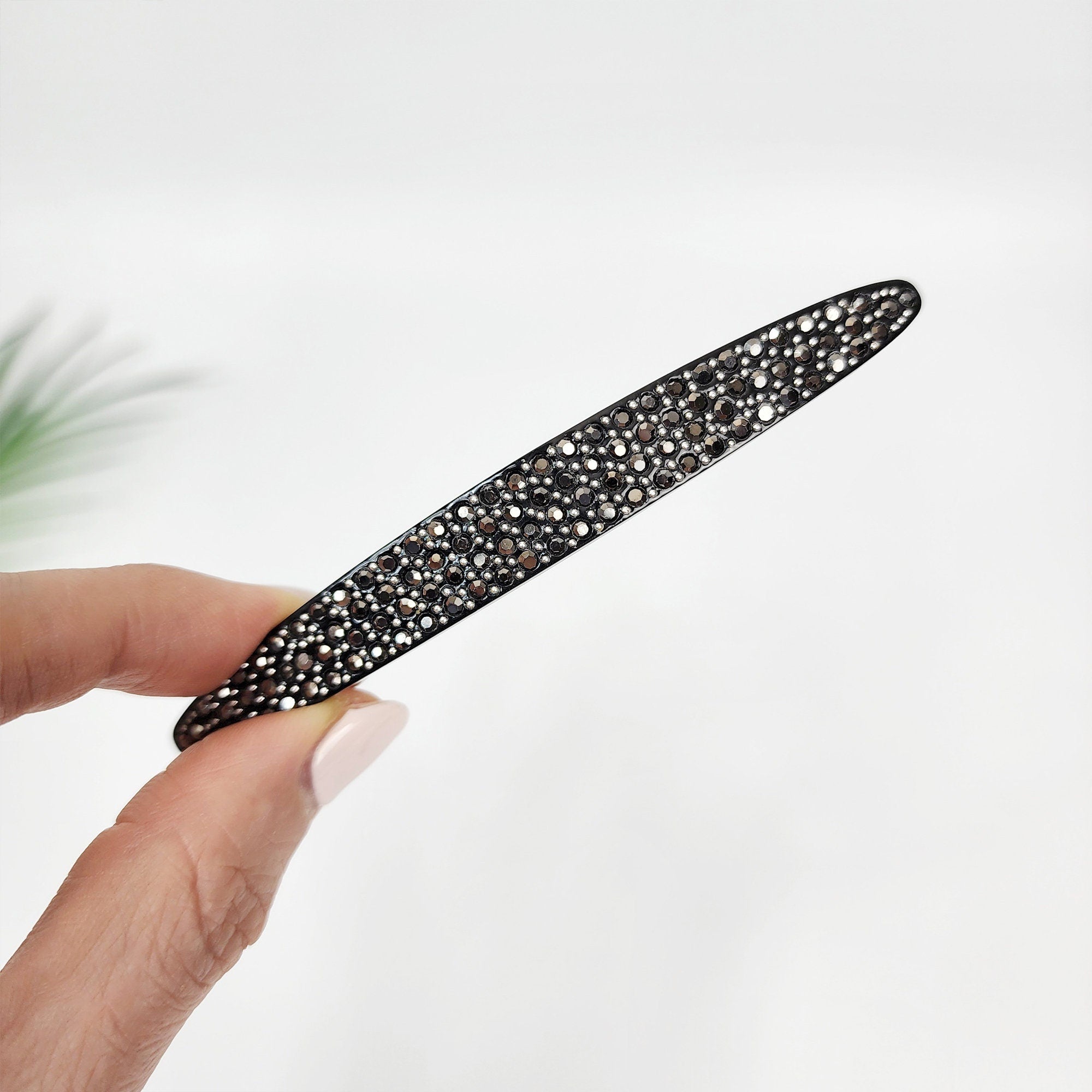 Black Cubic Long Oval Hair Barrette (4.0 Inch) / Tortoise Shell French Hair Pin / Hair Accessory for Woman / Automatic Hair Clip