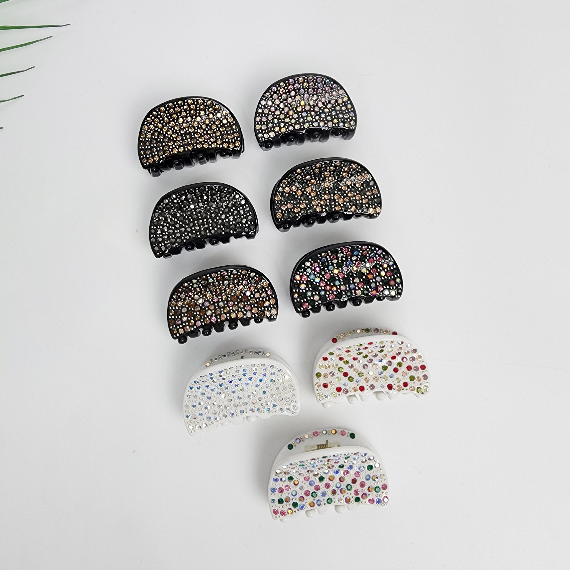 Small black rhinestone hair claw clip. Half moon shaped 1.8 inch jaw clip with crystal embellishments. Sparkly Korean hair accessories for women.