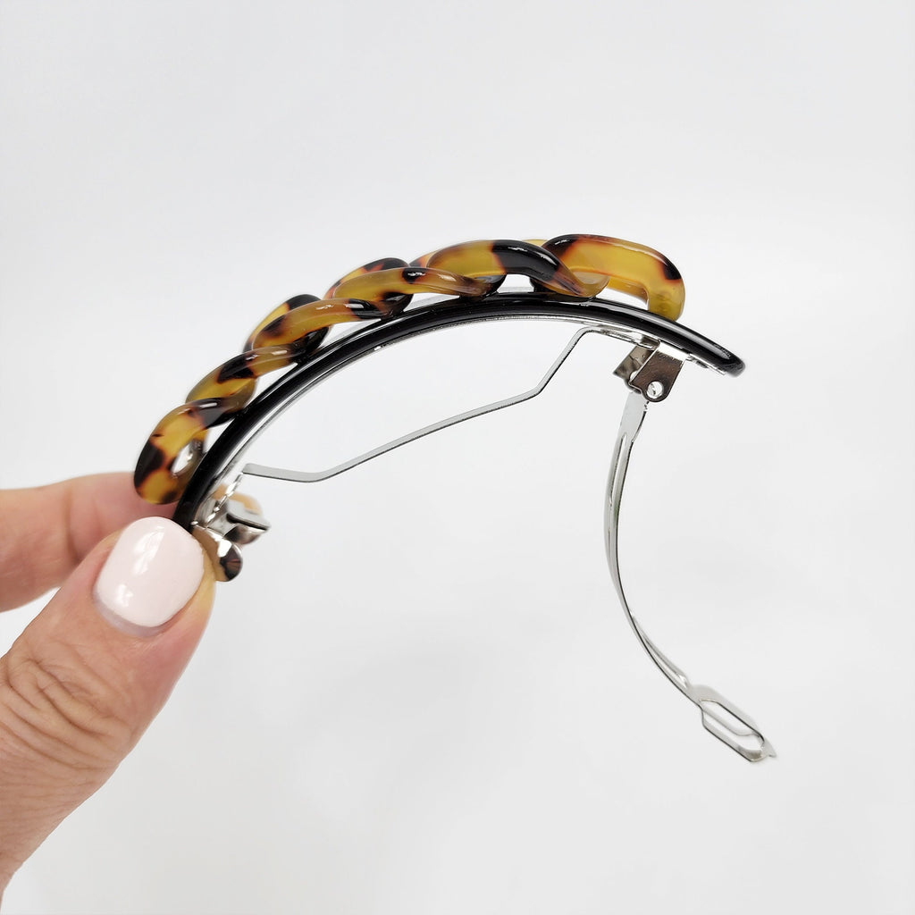 Leopard Square Chain Hair Barrette with Cubic (3.5 Inch) / Tortoise Shell French Hair Pin / Hair Accessory for Woman / Automatic Hair Clip
