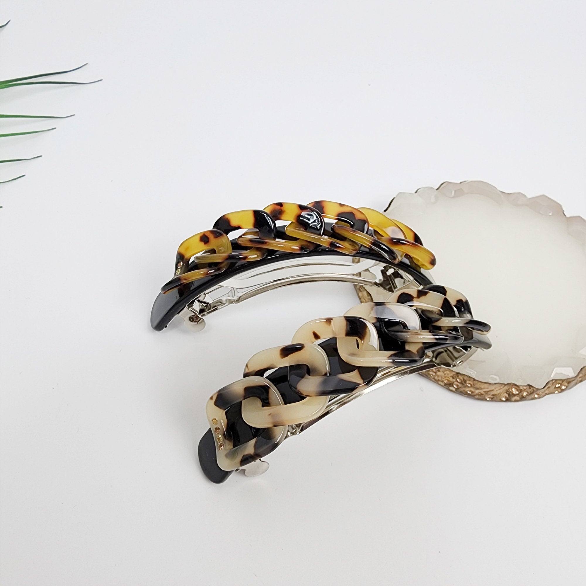 Leopard Square Chain Hair Barrette with Cubic (3.5 Inch) / Tortoise Shell French Hair Pin / Hair Accessory for Woman / Automatic Hair Clip