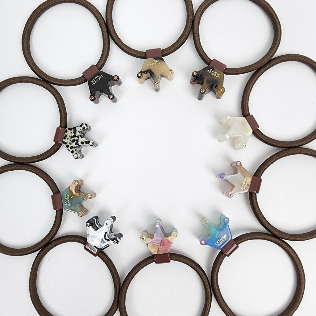 Glossy cellulose acetate mini crown hair tie with cubic zirconia accents in tortoise and aurora colors. Small tiara ponytail holder 0.8 inch royal charm for girls birthday gift. Cute Lolita Korean fashion accessory.