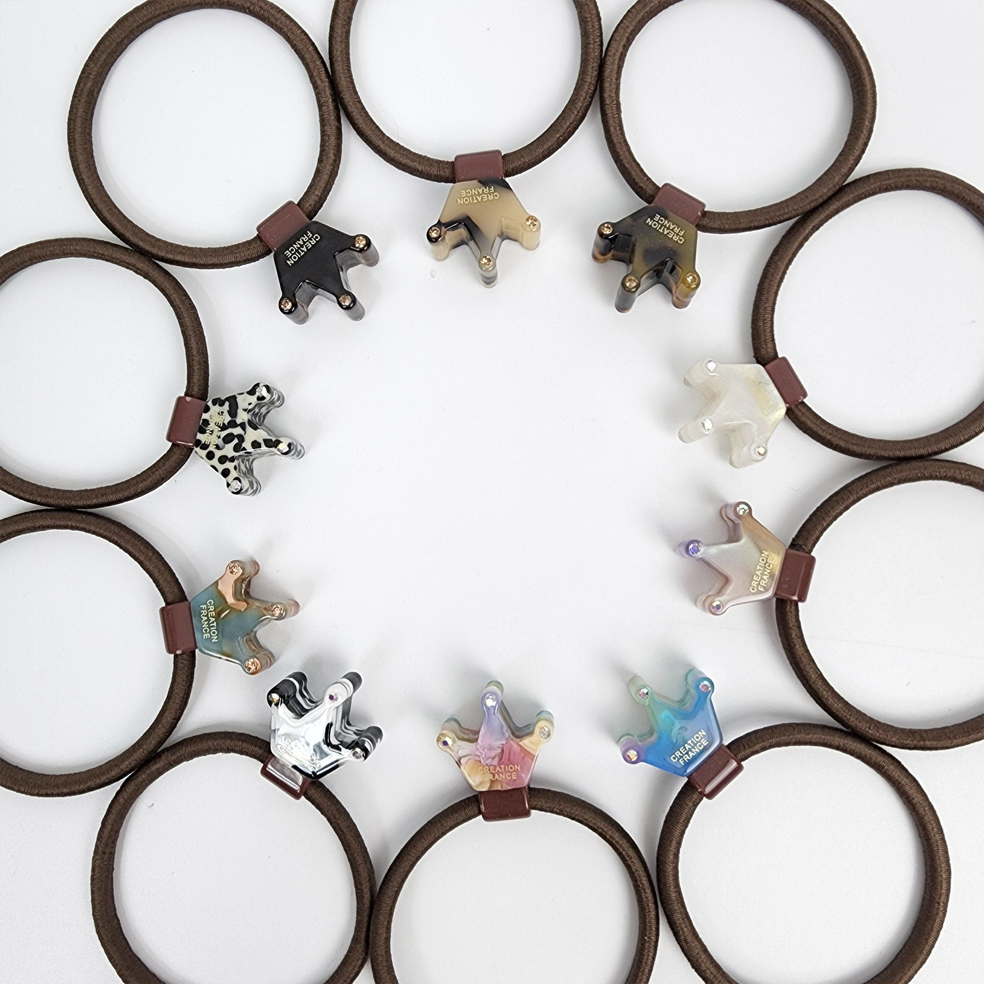 Glossy cellulose acetate mini crown hair tie with cubic zirconia accents in tortoise and aurora colors. Small tiara ponytail holder 0.8 inch royal charm for girls birthday gift. Cute Lolita Korean fashion accessory.