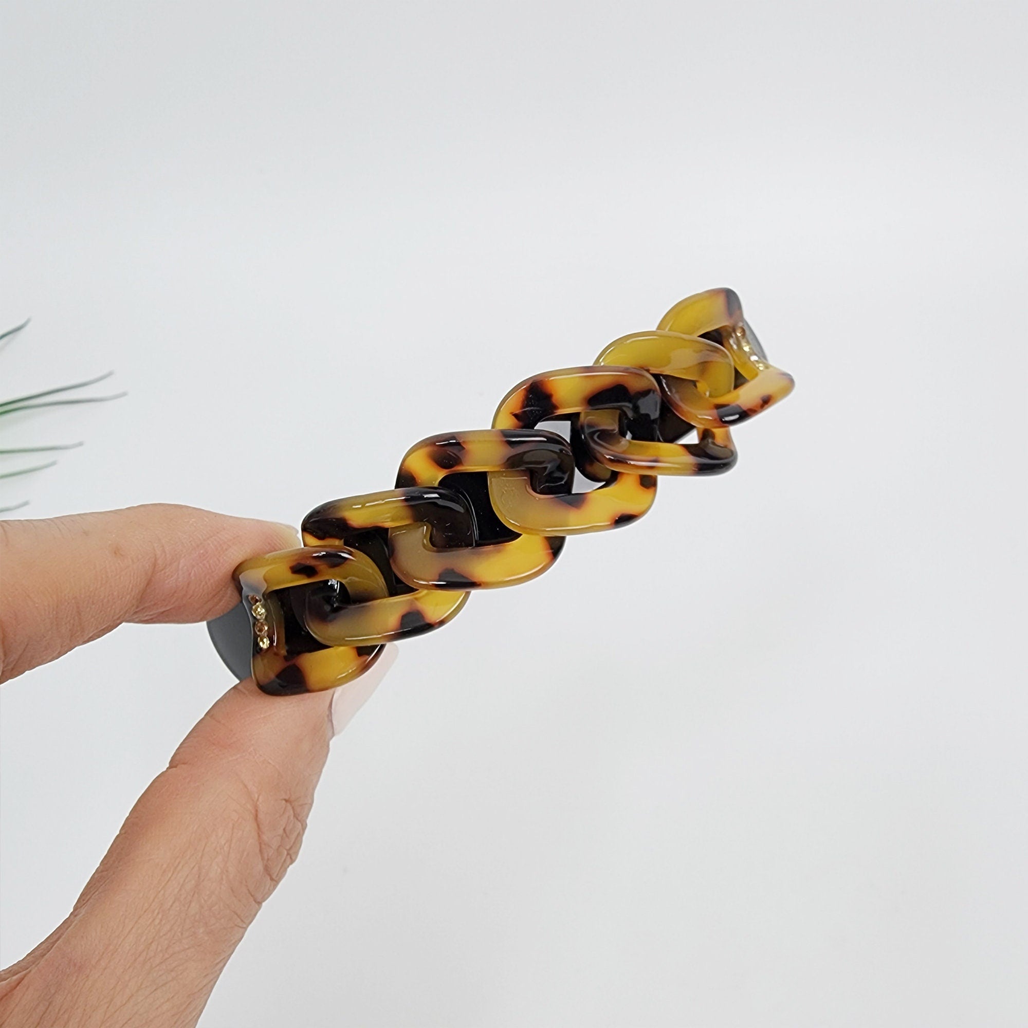 Leopard Square Chain Hair Barrette with Cubic (3.5 Inch) / Tortoise Shell French Hair Pin / Hair Accessory for Woman / Automatic Hair Clip