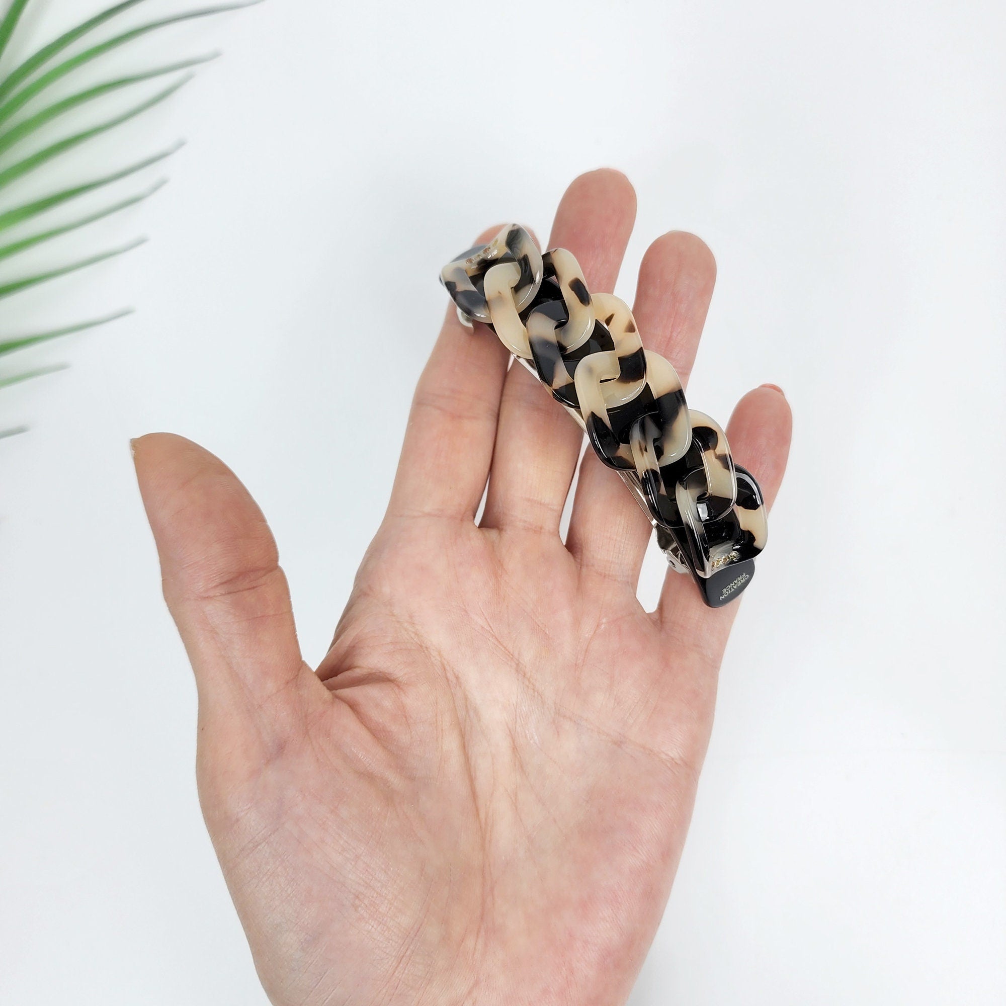 Leopard Square Chain Hair Barrette with Cubic (3.5 Inch) / Tortoise Shell French Hair Pin / Hair Accessory for Woman / Automatic Hair Clip