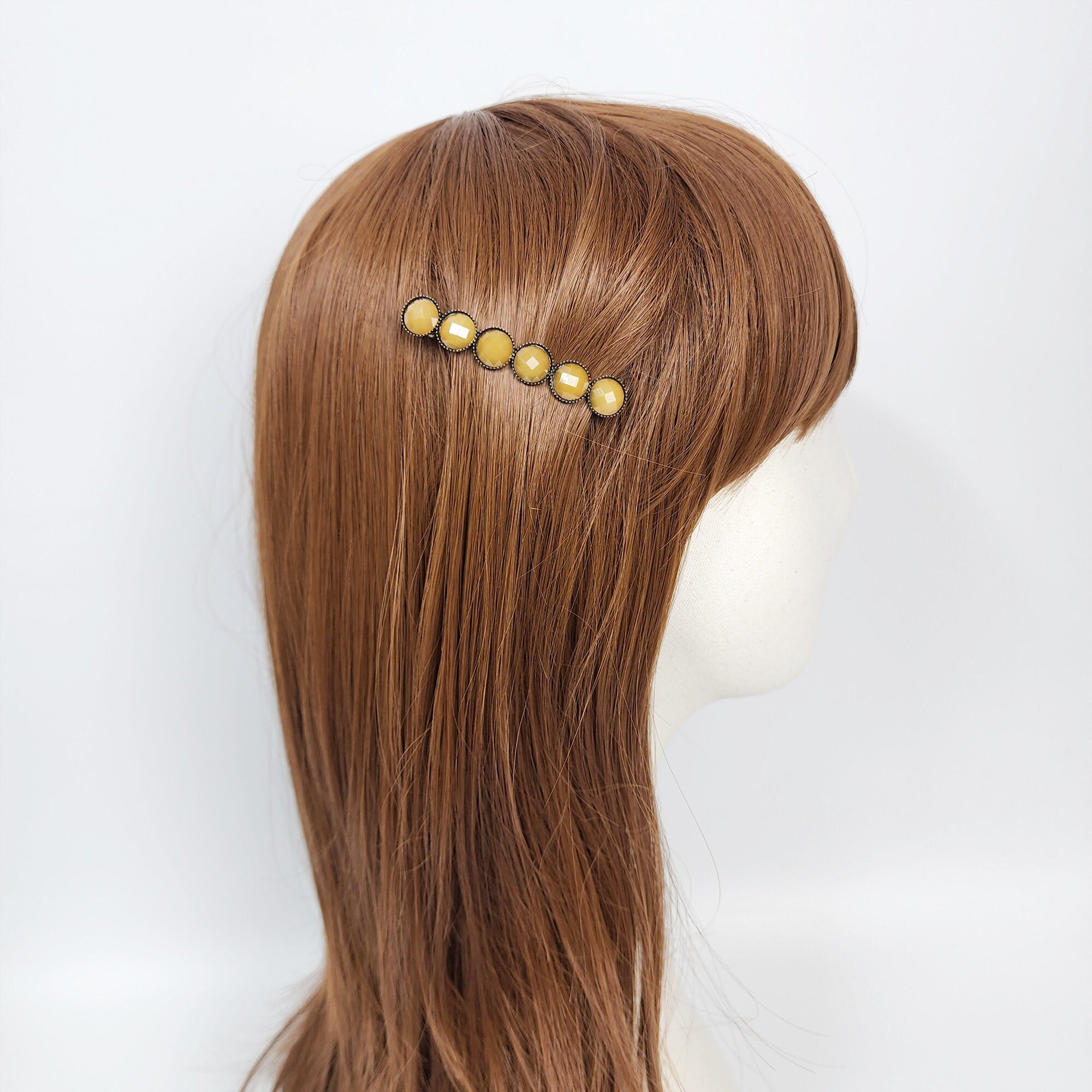Vintage Antique Formica Circle Hair Barrette (2.4 Inch) / Diamond Cut Formica Stone Decorated Barrette / Automatic Hair Pin