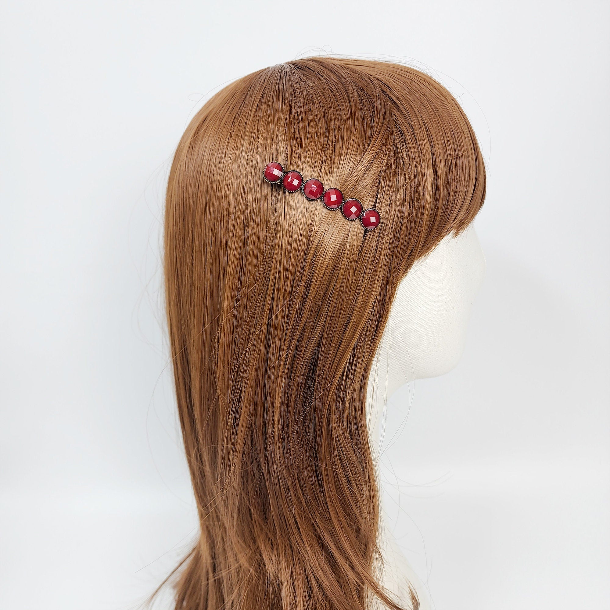 Vintage Antique Formica Circle Hair Barrette (2.4 Inch) / Diamond Cut Formica Stone Decorated Barrette / Automatic Hair Pin