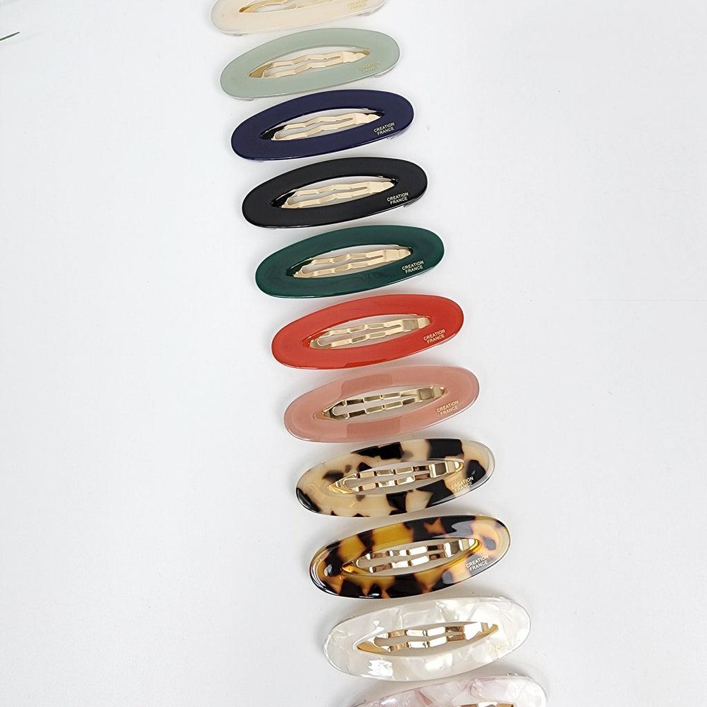 Cellulose acetate oval snap clips in tortoise shell and solid colors for side bangs holder and daily hair styling accessories for women