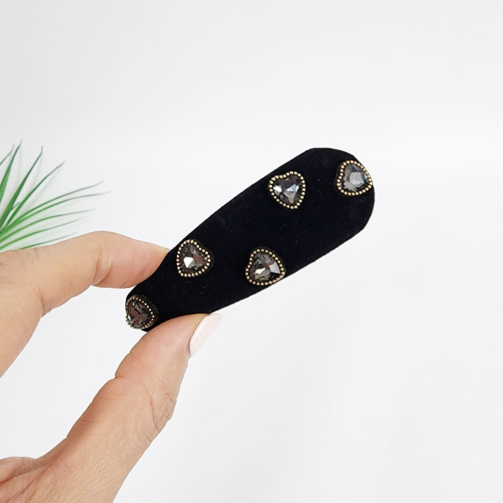 Black Velvet Heart Triangle Snap Clip (3.1 Inch) / Cute Hairgrip Barrette with Pearl and Cubic / Hair Accessory / Tic Tac Hair Clip Pin