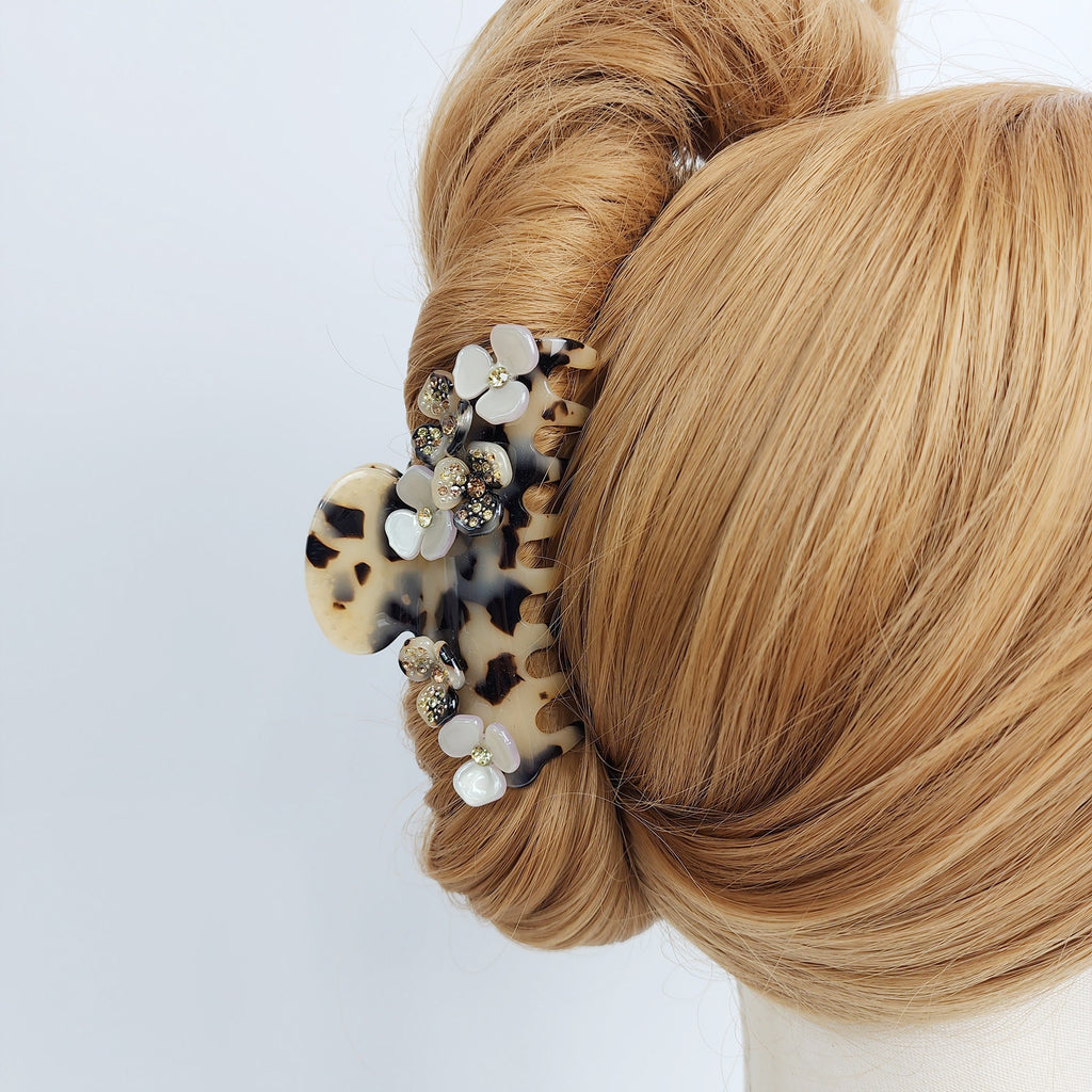 Leopard Bloom Big Claw Clip with Cubic (3.5 Inch) / Luxurious French Hair Pin / Hair Barrette for Woman