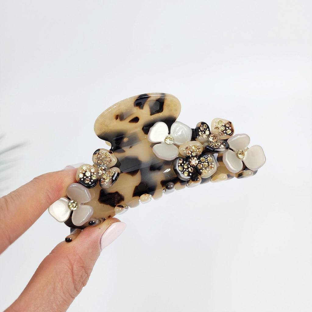 Leopard Bloom Big Claw Clip with Cubic (3.5 Inch) / Luxurious French Hair Pin / Hair Barrette for Woman