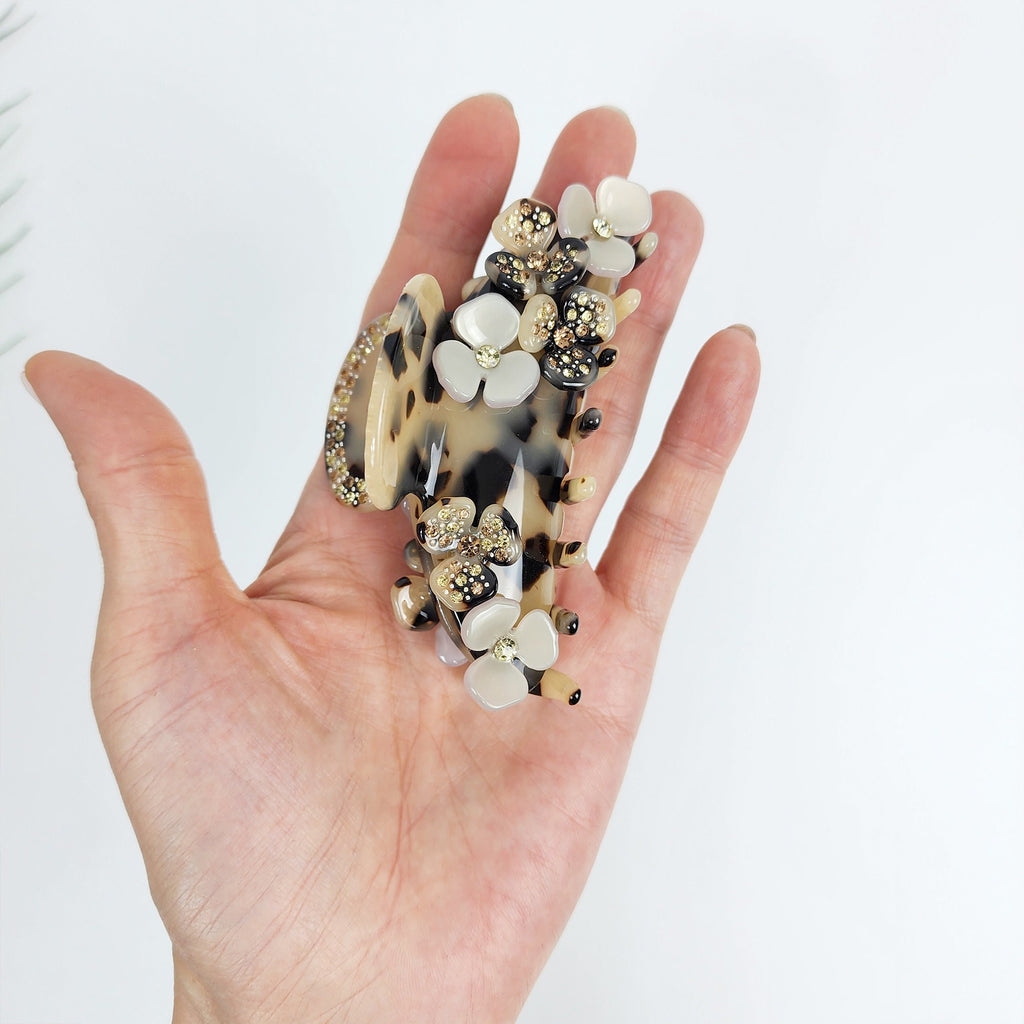 Leopard Bloom Big Claw Clip with Cubic (3.5 Inch) / Luxurious French Hair Pin / Hair Barrette for Woman