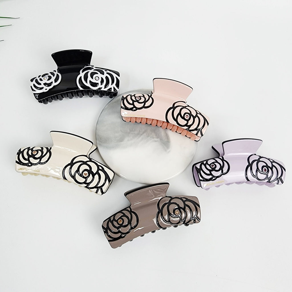 Curved Square Camellia Flower Hair Claw Clip (3.1 Inch) / Tortoise Shell French Hair Claw / Hair Barrette for Woman