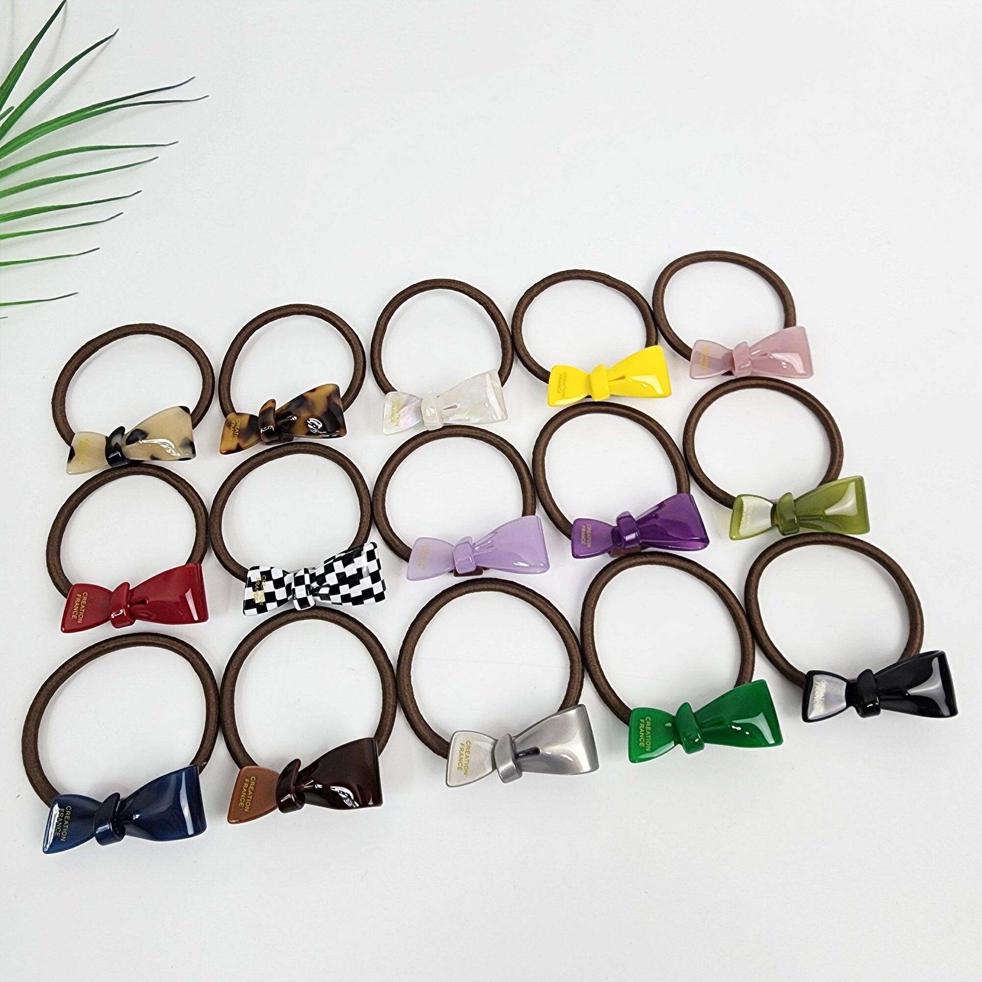 Acetate mini bow hair tie in tortoise red and pastel. Small ribbon ponytail holder 1.7 inch. Preppy Korean fashion accessory for girls birthday gift.