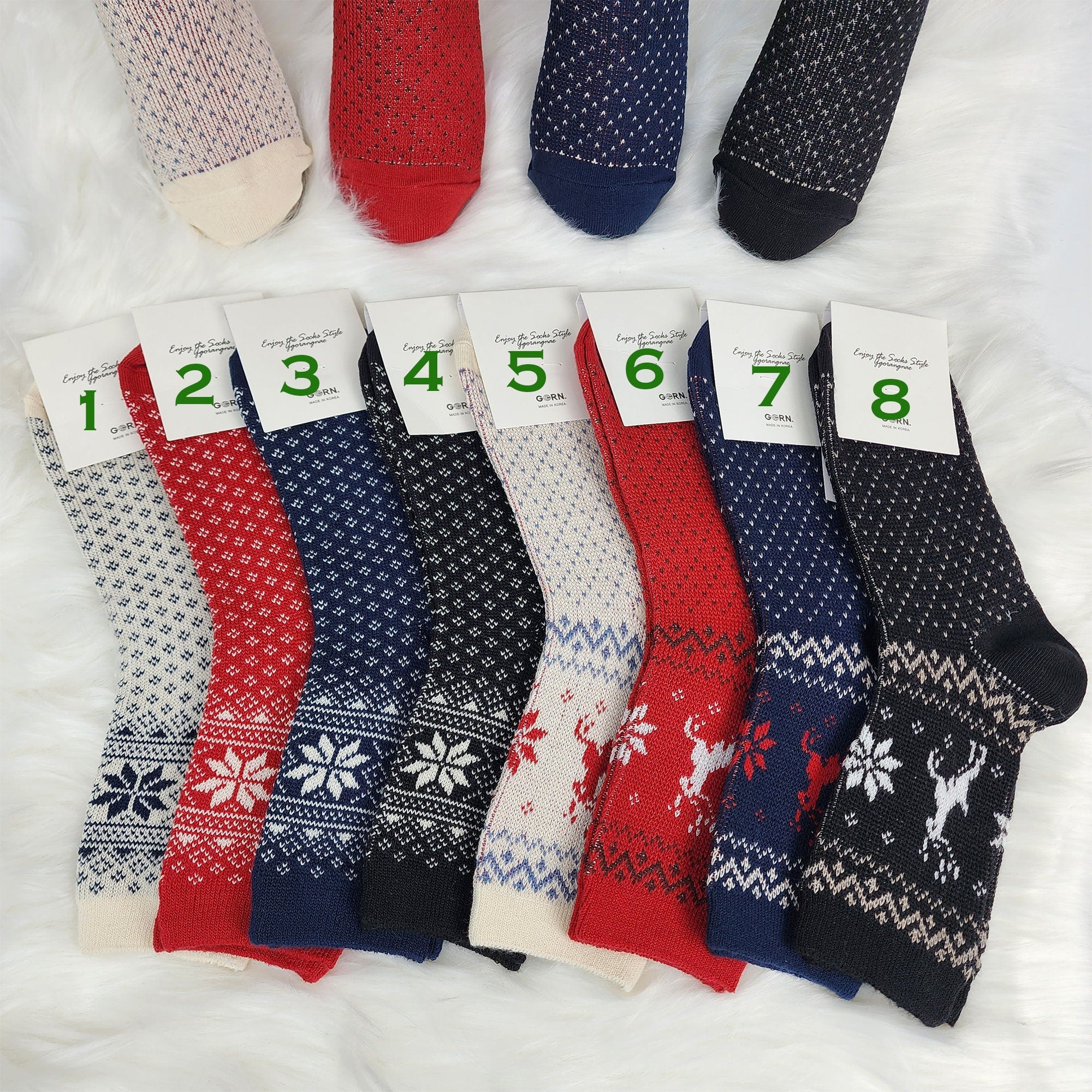 Christmas Reindeer Socks | Crew Jacquard Knit Pattern | Korean Socks | Holiday Winter Gift