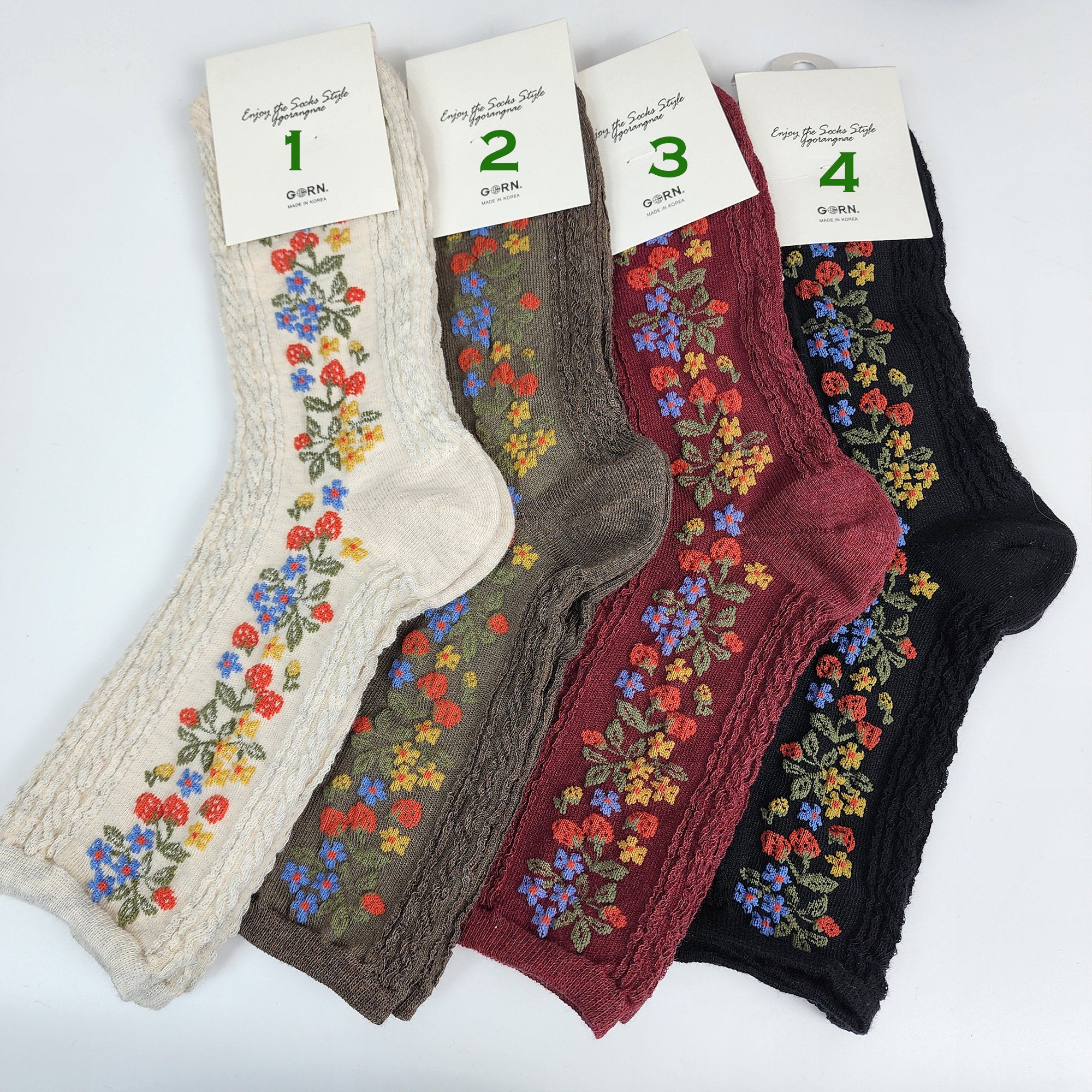 Vintage Floral Socks | Cotton Cable Knit Crew | Korean Socks | Christmas Gift for Her