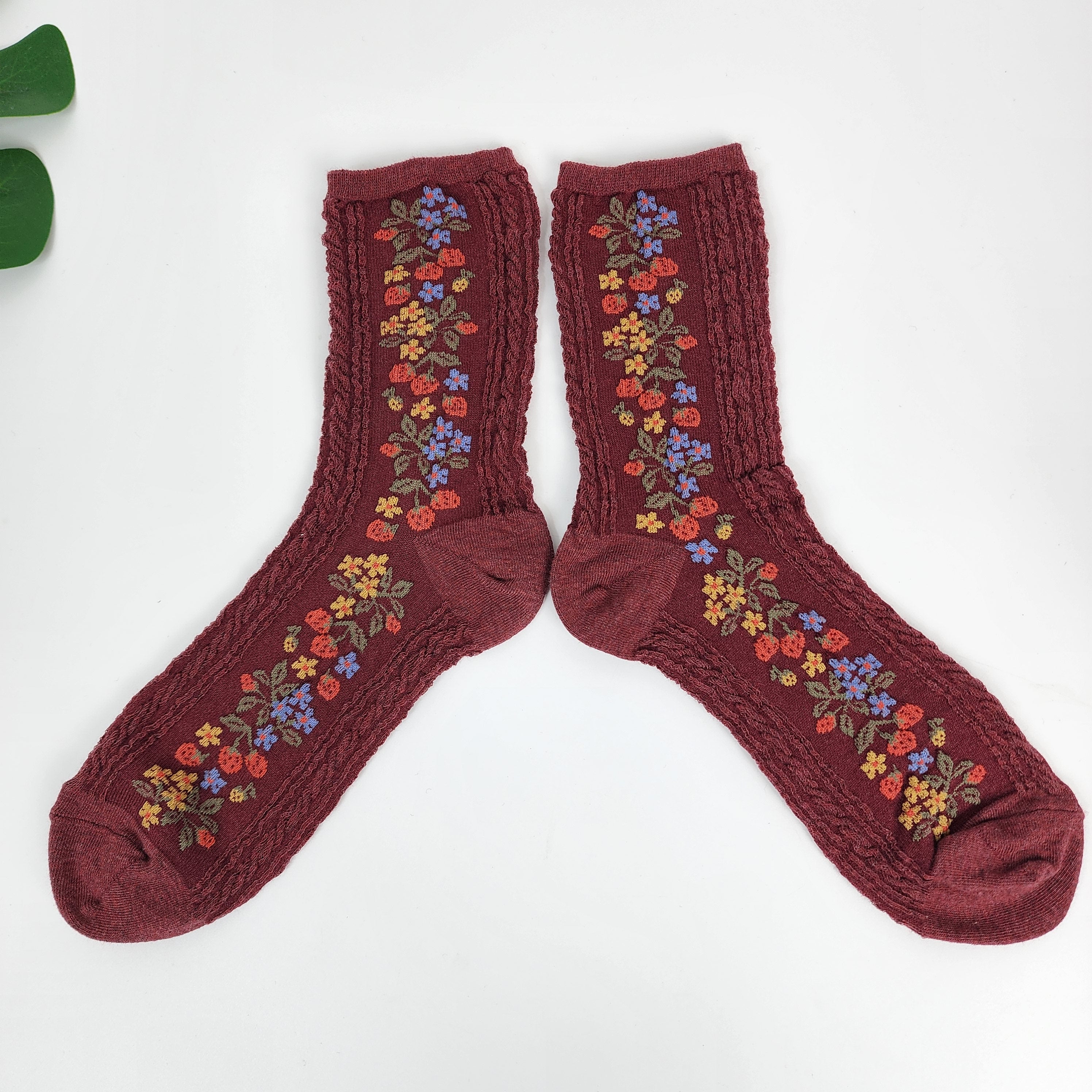 Vintage Floral Socks | Cotton Cable Knit Crew | Korean Socks | Christmas Gift for Her