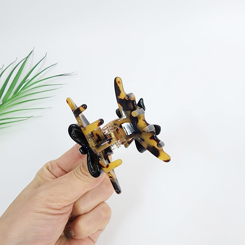 Leopard Black Ribbon Hair Claw Clip (2.4 Inch) / Tortoise Shell Medium Size Ponytail Holder / Hair Barrette for Woman