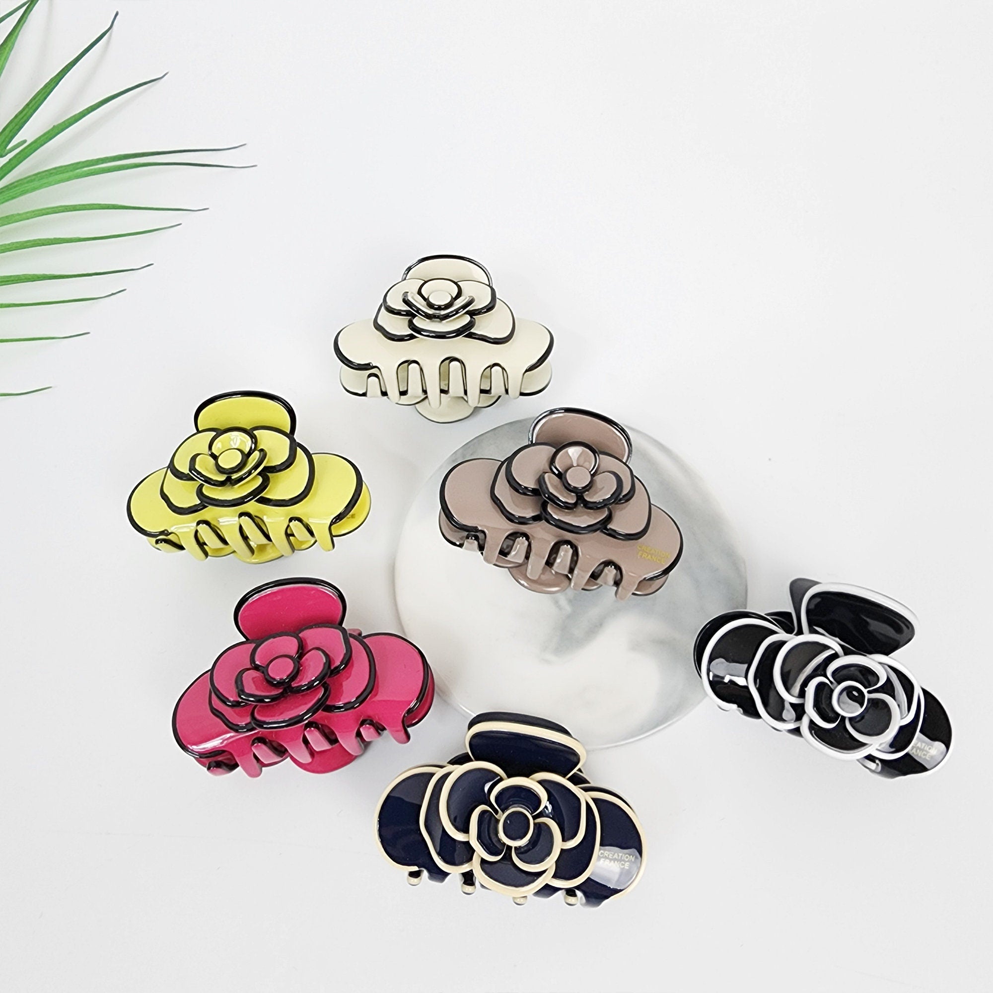 Pastel Color Camellia Flower Hair Claw Clip (2.4 Inch) / Tortoise Shell Medium Size Ponytail Holder / Hair Barrette for Woman