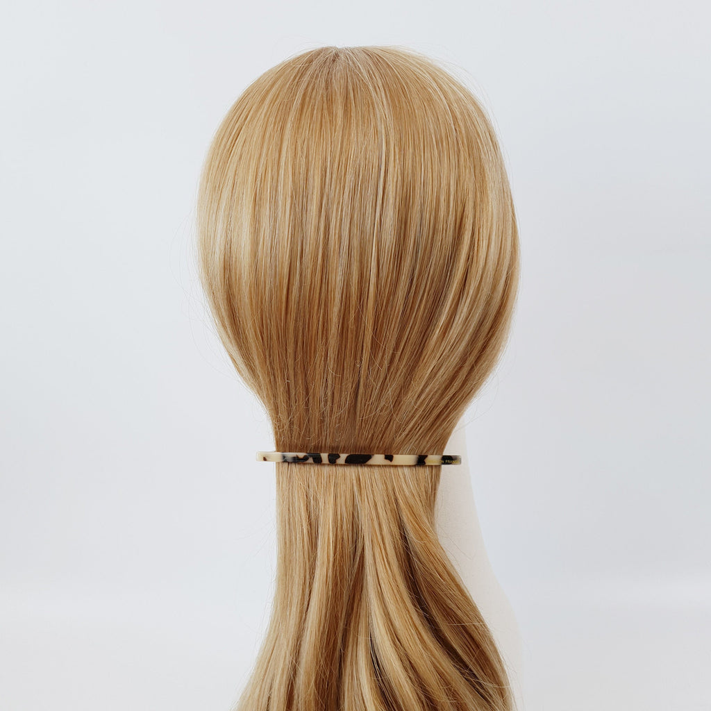 Slim cellulose acetate barrette in tortoise shell and marble patterns. Long 4.1 inch narrow hair clip for elegant half up hairstyles and fine hair.