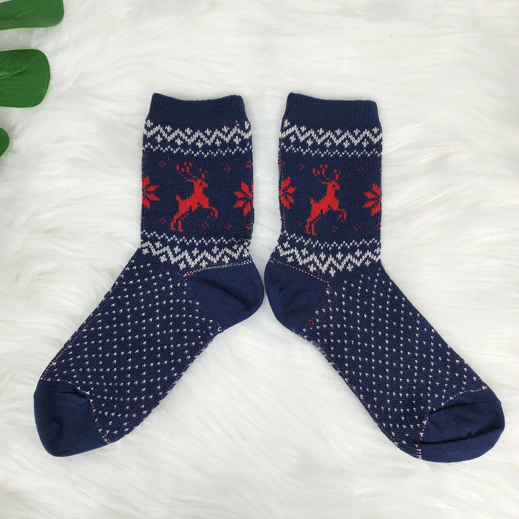 Christmas Reindeer Socks | Crew Jacquard Knit Pattern | Korean Socks | Holiday Winter Gift