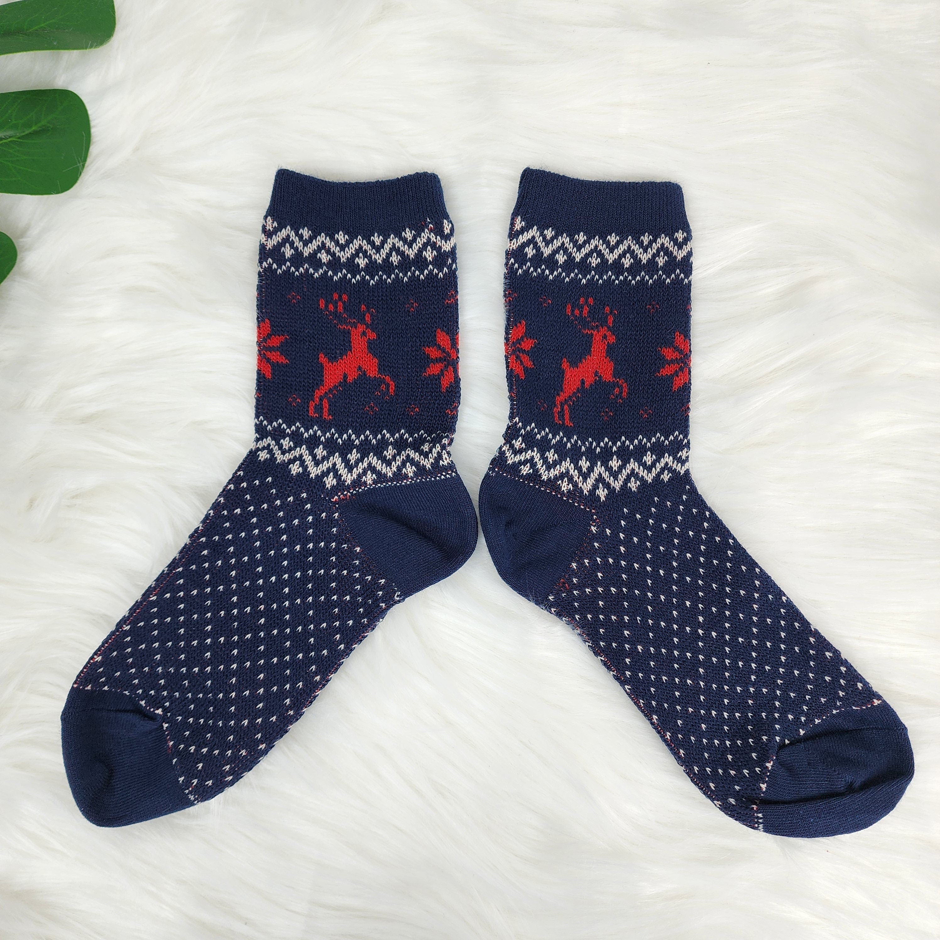 Christmas Reindeer Socks | Crew Jacquard Knit Pattern | Korean Socks | Holiday Winter Gift