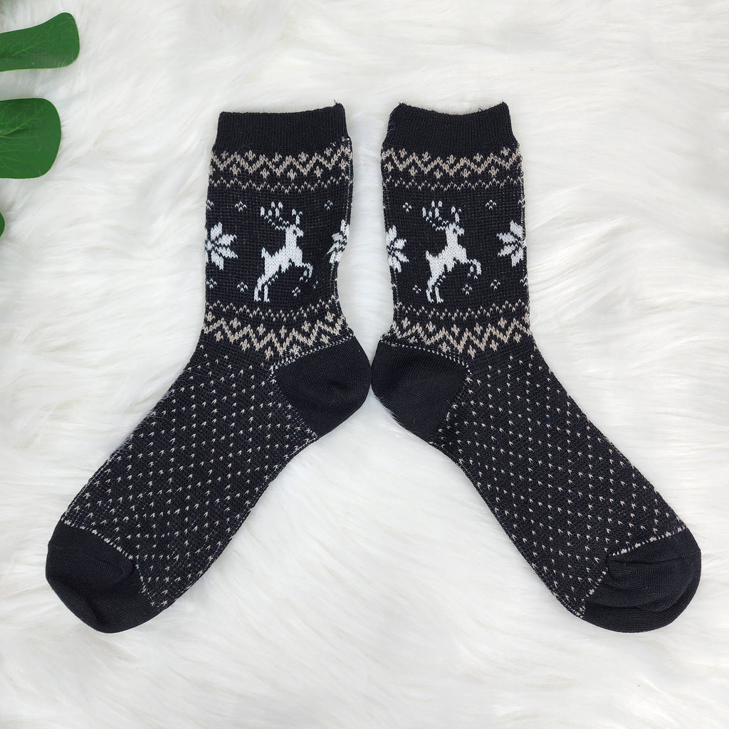 Christmas Reindeer Socks | Crew Jacquard Knit Pattern | Korean Socks | Holiday Winter Gift