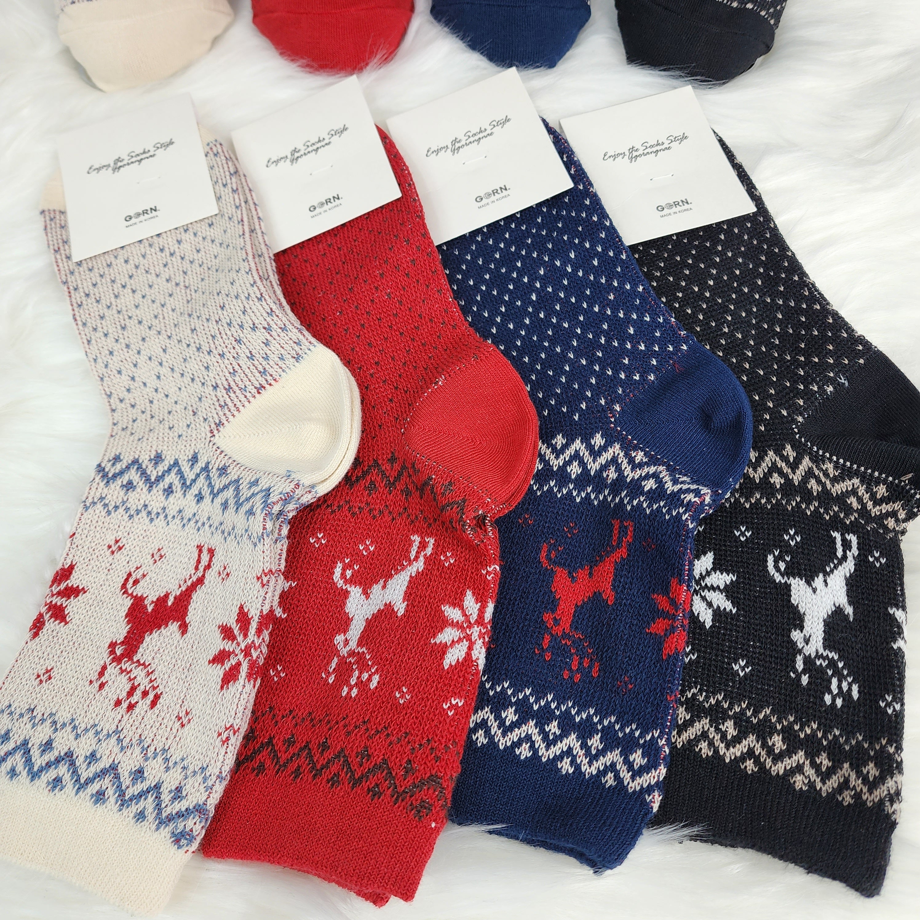 Christmas Reindeer Socks | Crew Jacquard Knit Pattern | Korean Socks | Holiday Winter Gift