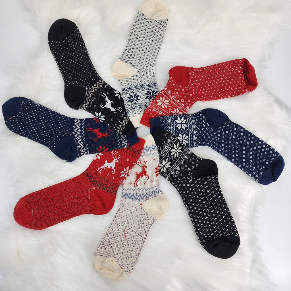 Christmas Reindeer Socks | Crew Jacquard Knit Pattern | Korean Socks | Holiday Winter Gift